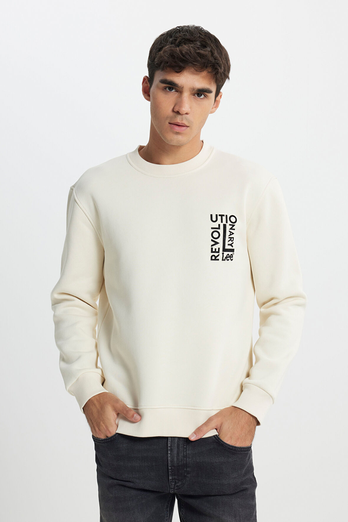 Regular Fit Normal Kesim Bisiklet Yaka İçi Polarlı Ekru Sweatshirt