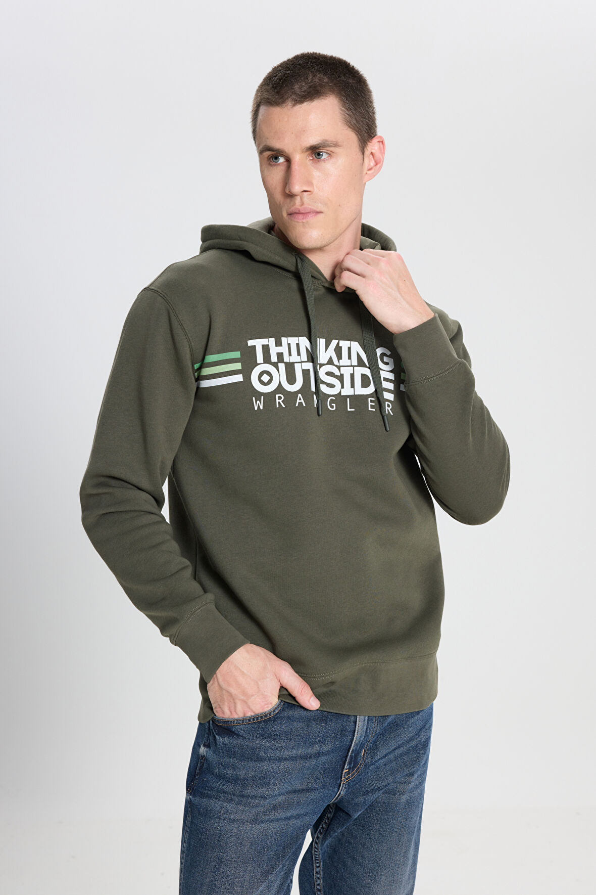 Regular Fit Normal Kesim Kapüşonlu İçi Polarlı Haki Sweatshirt