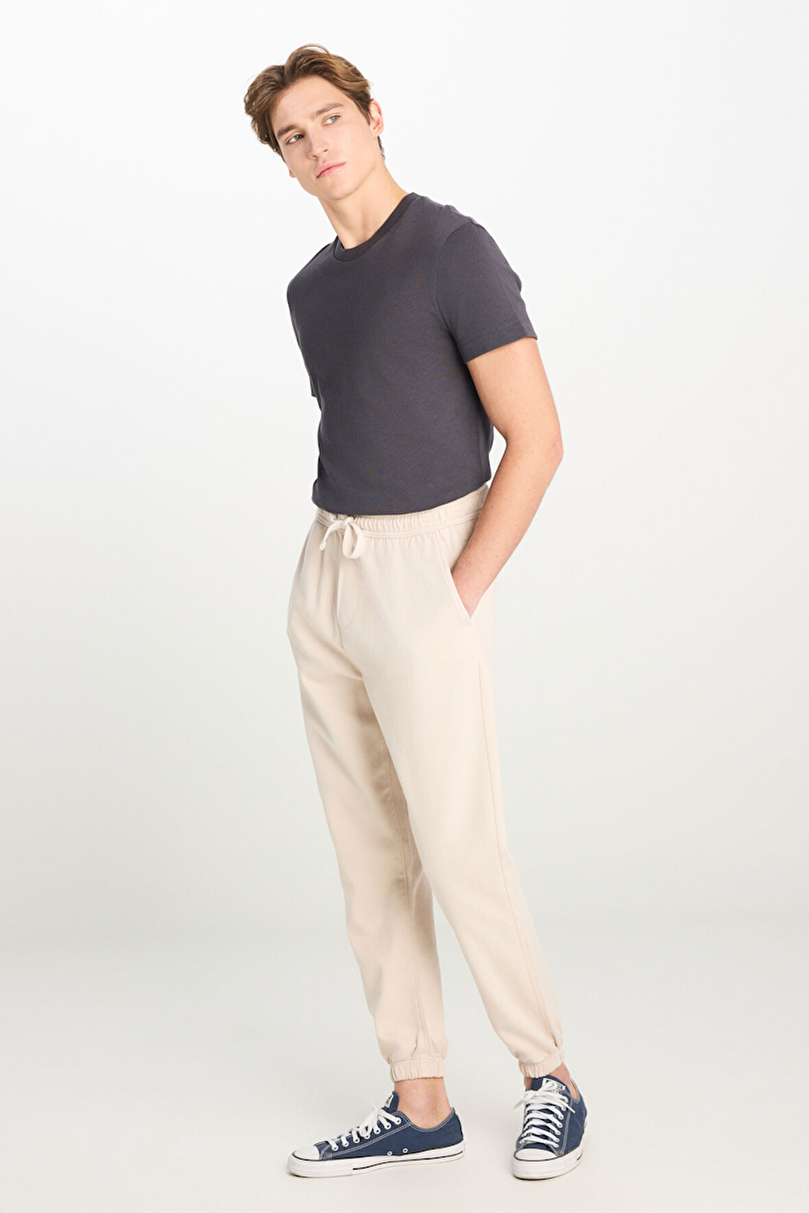 Regular Fit Normal Kesim Ribanalı Paça Taş Rengi Jogger Pantolon