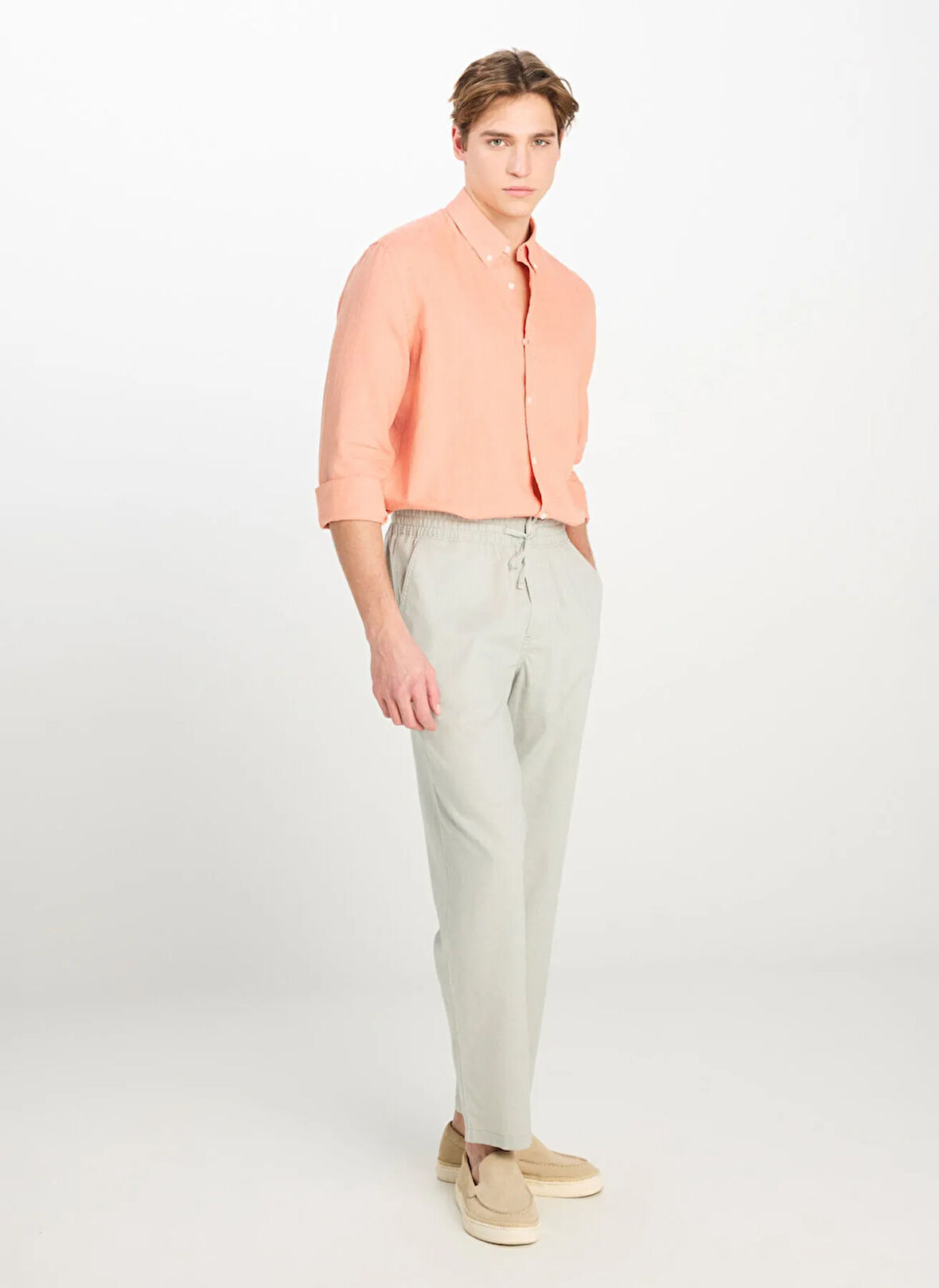 Lee Lastikli Bel Regular Fit Gri Erkek Chino Pantolon L251030225 Keten Karışımlı