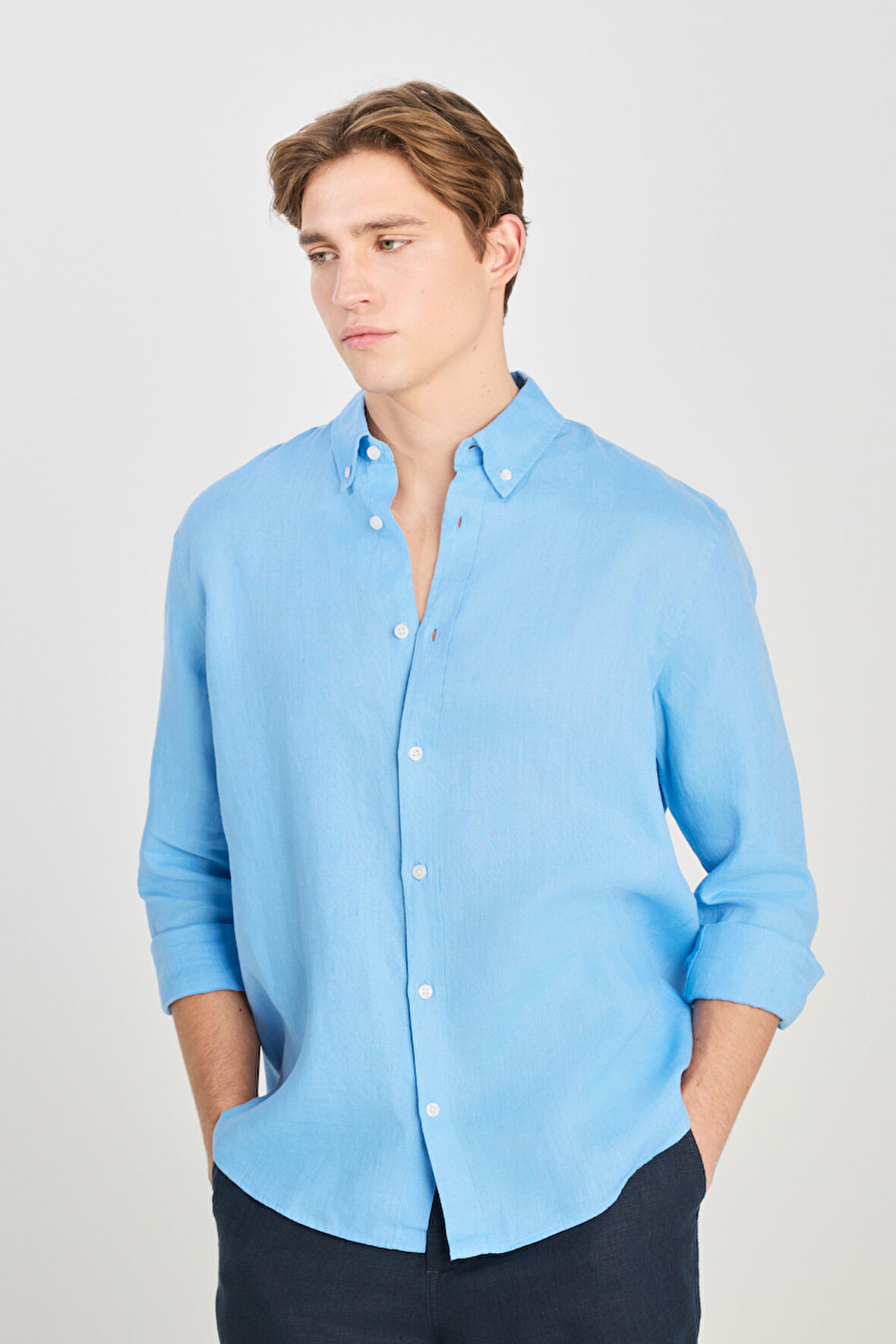 Regular Fit Normal Kesim Mavi Keten Gömlek