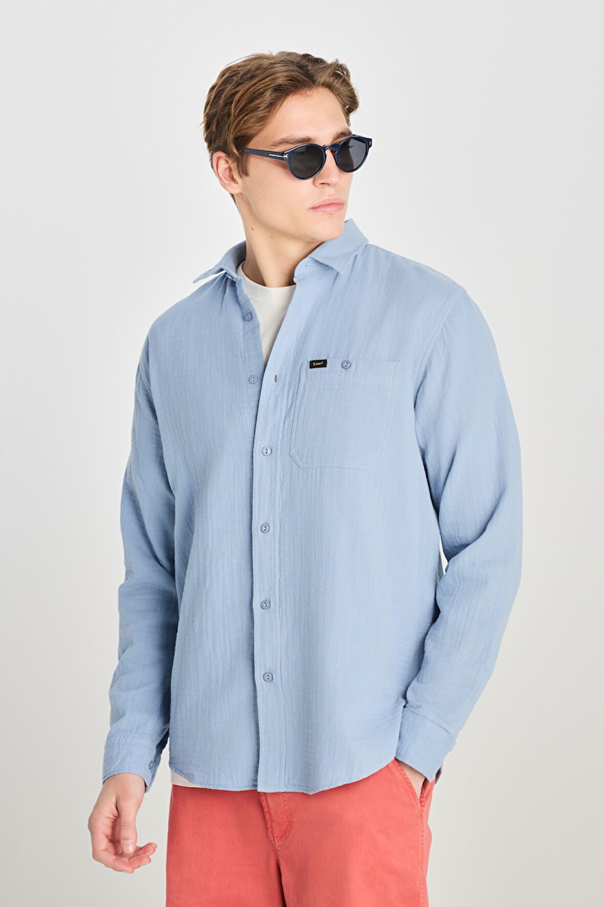 %100 Pamuk Relaxed Fit Geniş Kesim Mavi Müslin Gömlek