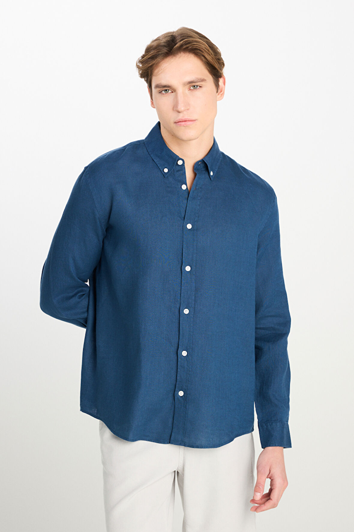 Regular Fit Normal Kesim Lacivert Keten Gömlek