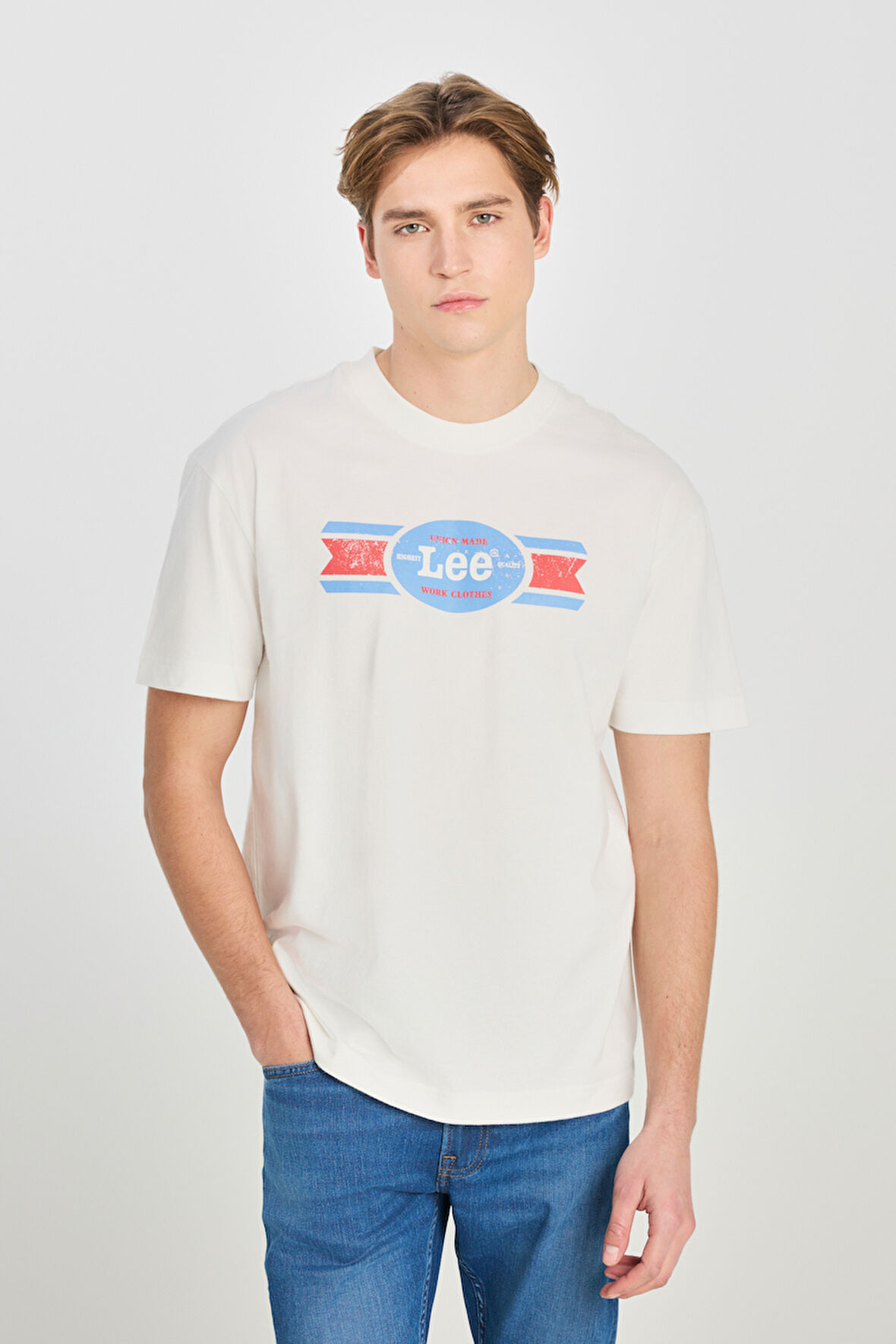 %100 Pamuk Relaxed Fit Geniş Kesim Bisiklet Yaka Baskılı Ekru Tişört