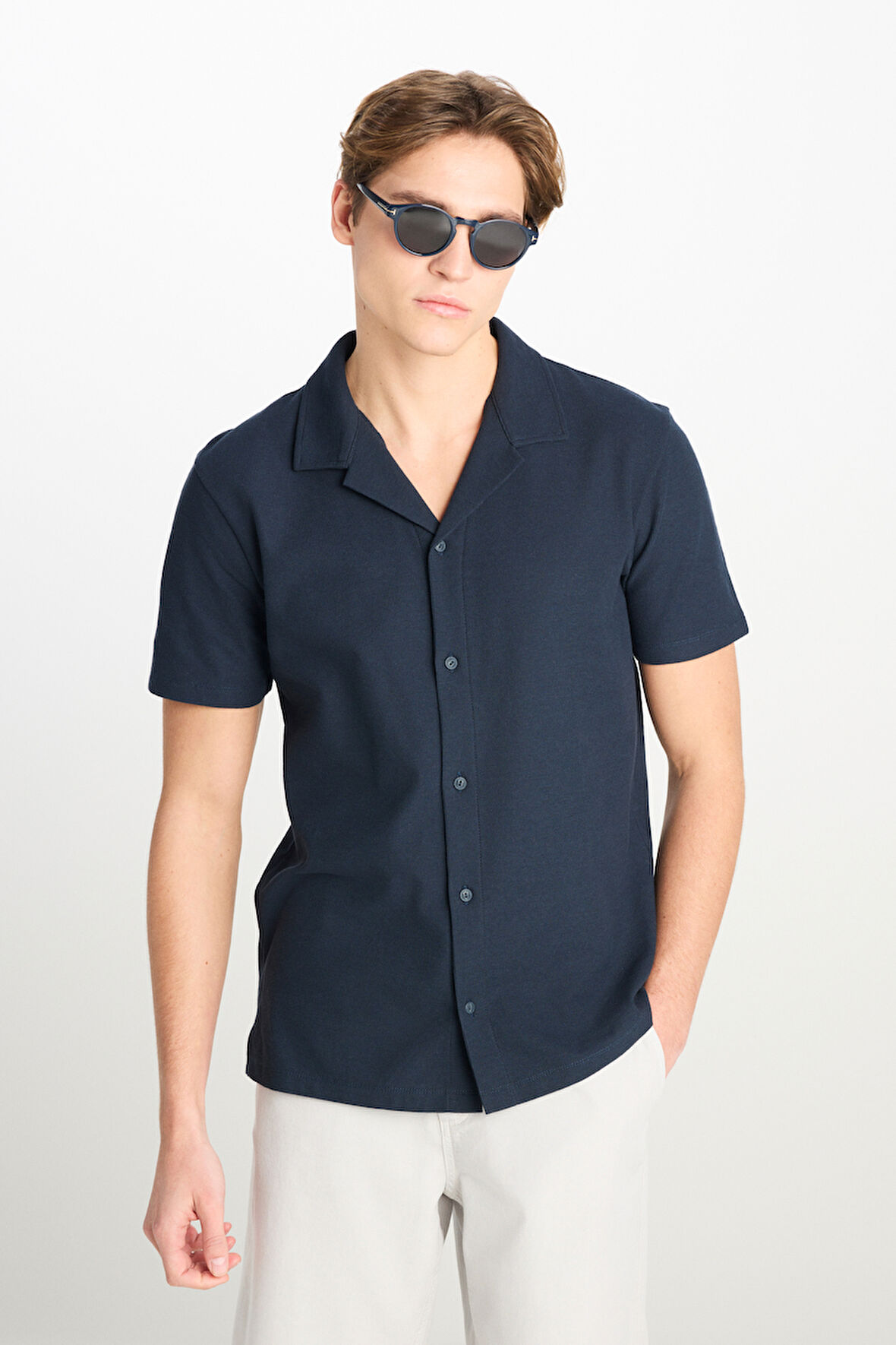 Relaxed Fit Geniş Kesim Lacivert Pamuklu Gömlek