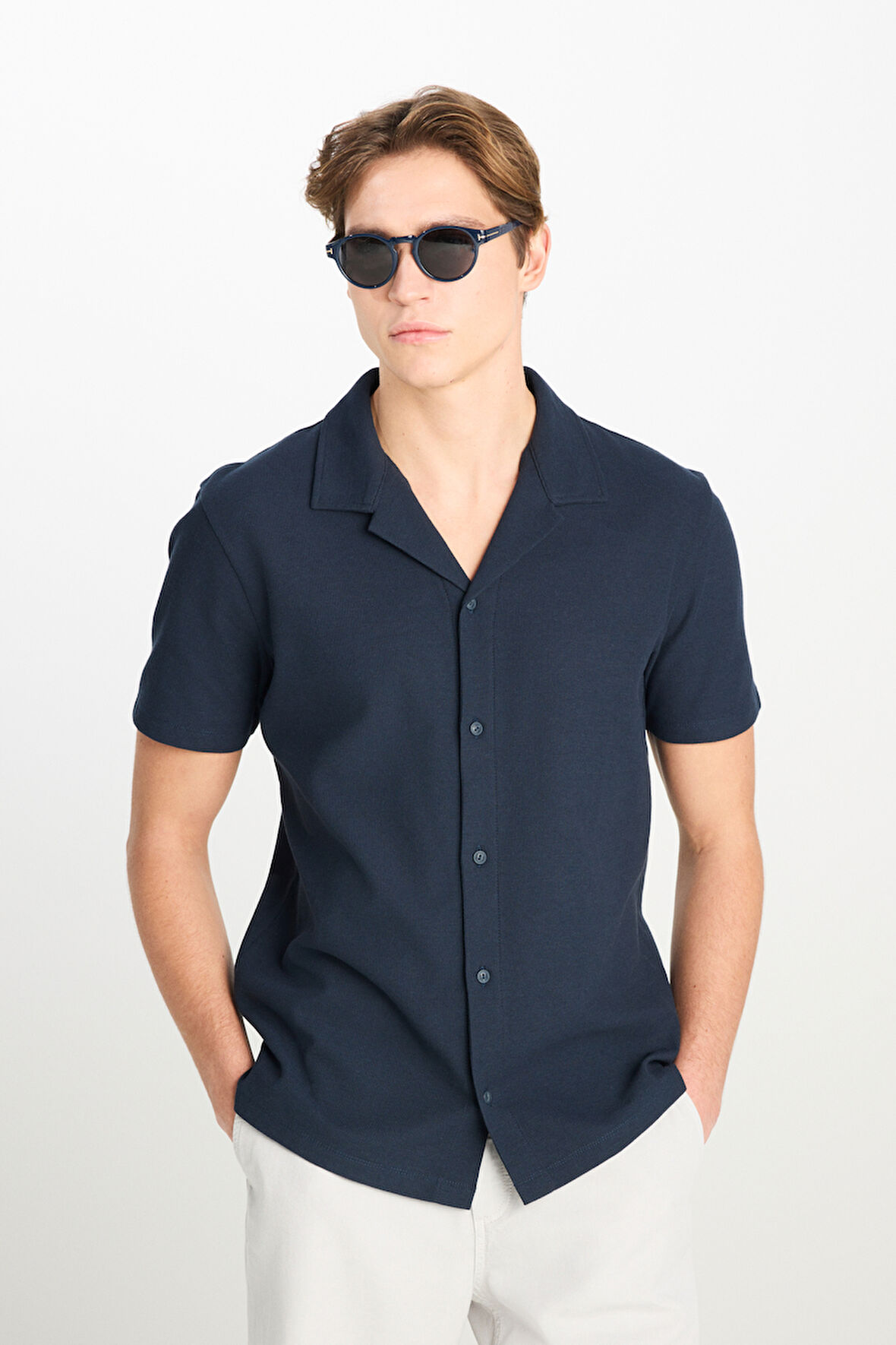 Relaxed Fit Geniş Kesim Lacivert Pamuklu Gömlek