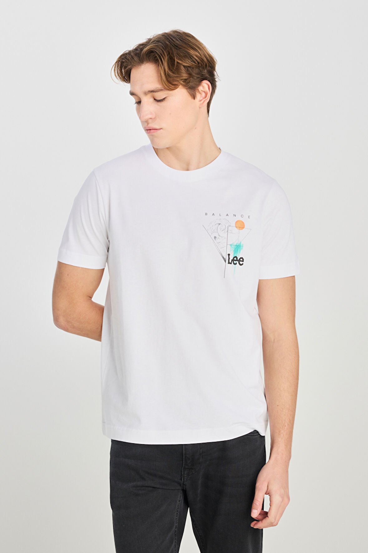 %100 Pamuk Regular Fit Normal Kesim Bisiklet Yaka Baskılı Beyaz Tişört