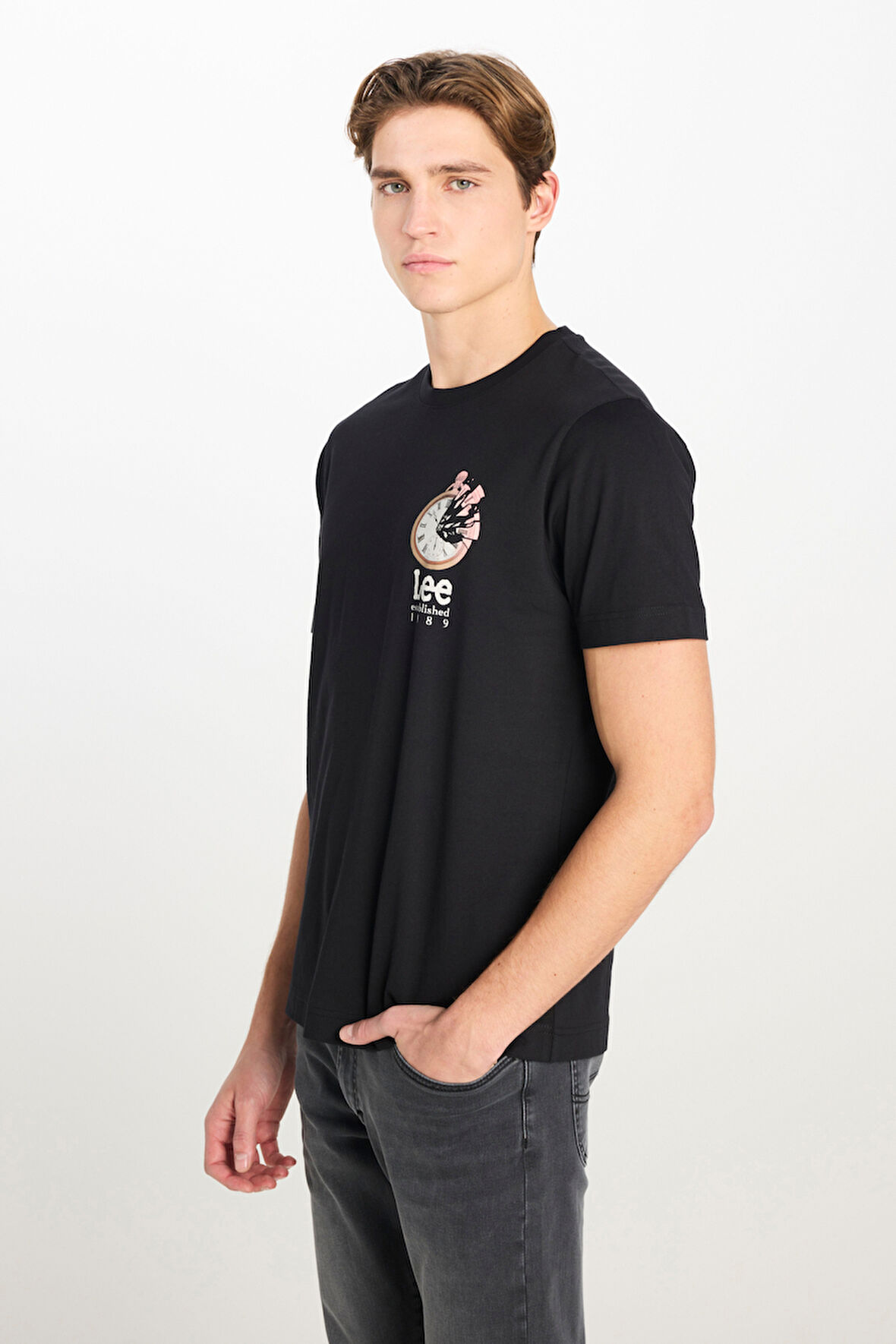 %100 Pamuk Regular Fit Normal Kesim Bisiklet Yaka Baskılı Siyah Tişört