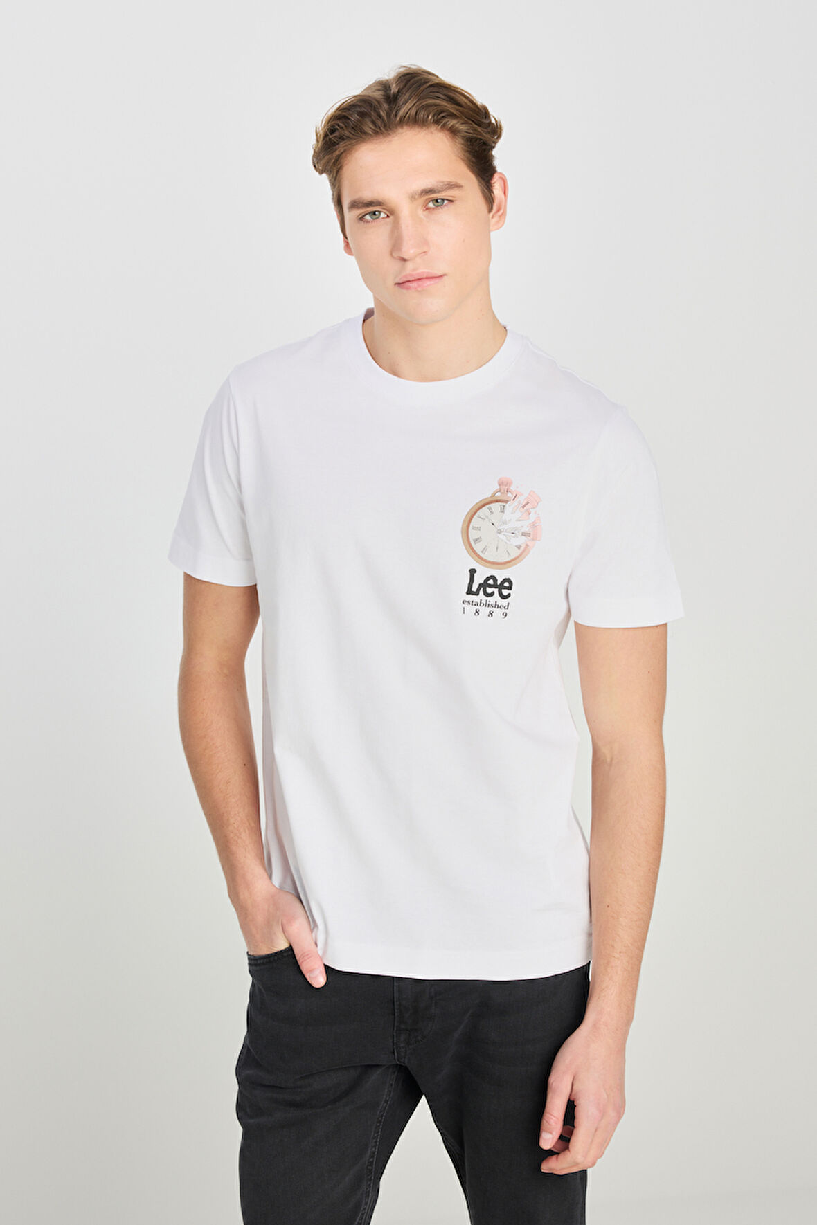 %100 Pamuk Regular Fit Normal Kesim Bisiklet Yaka Baskılı Beyaz Tişört