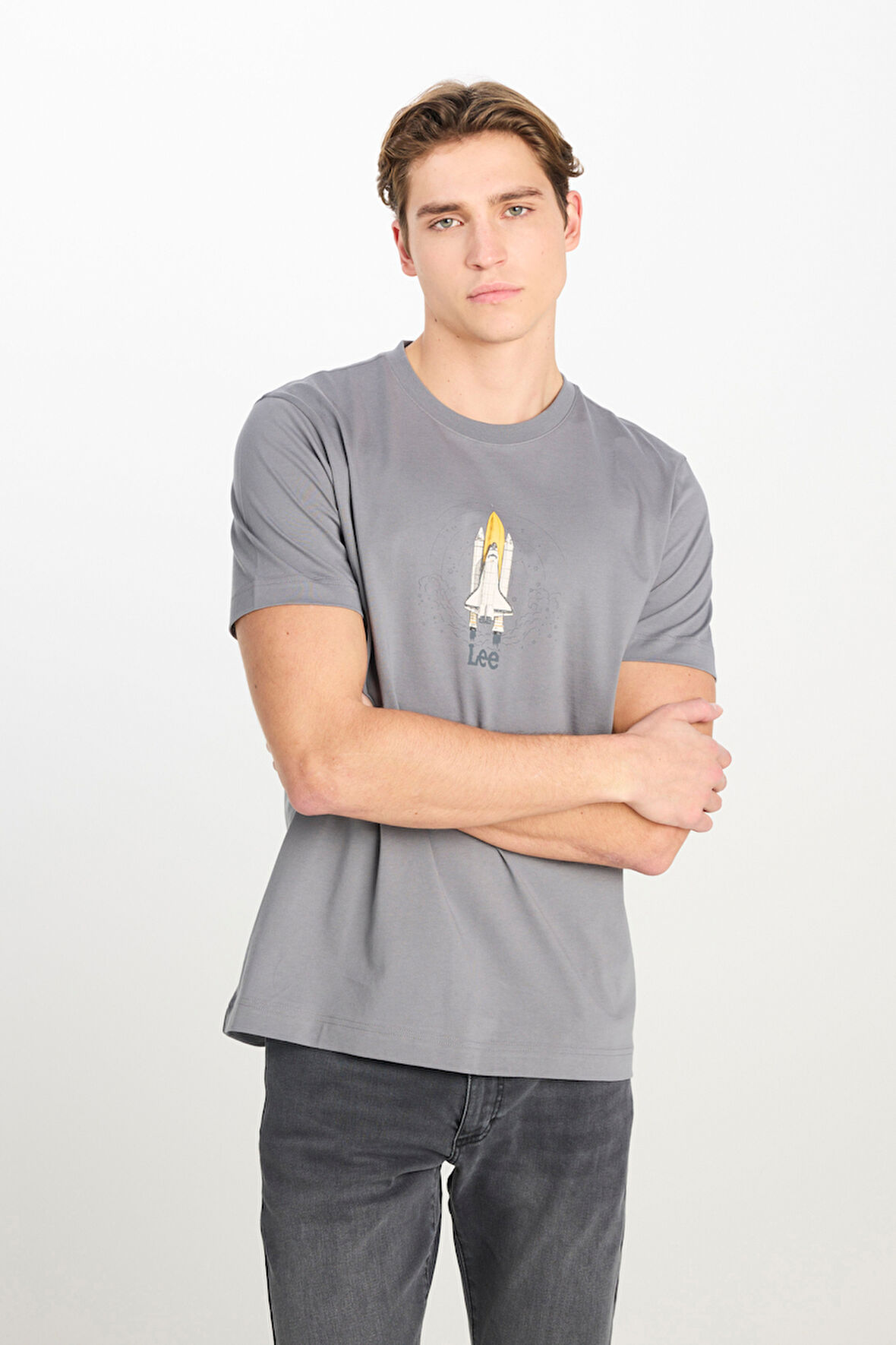 %100 Pamuk Regular Fit Normal Kesim Bisiklet Yaka Baskılı Gri Tişört