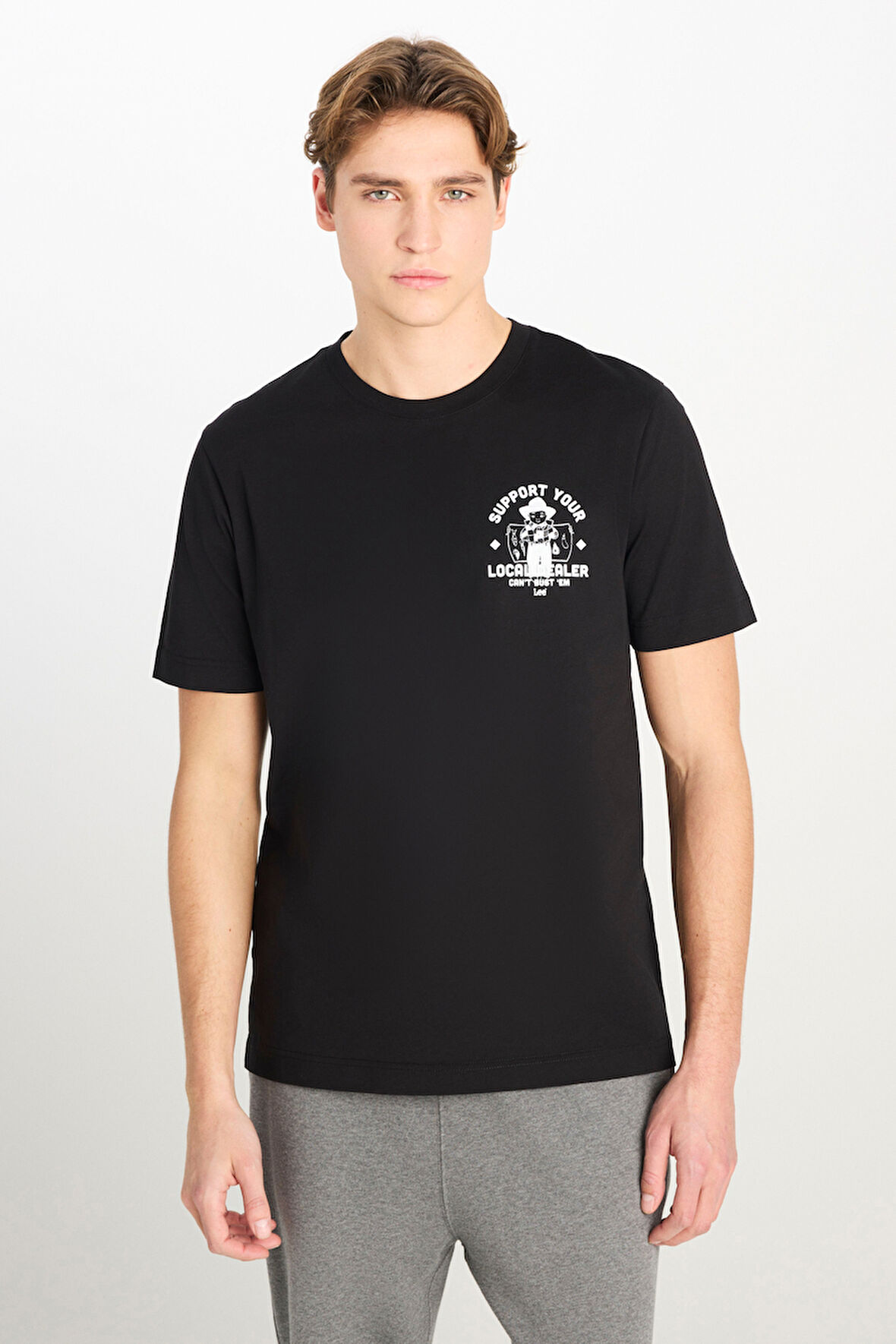 %100 Pamuk Regular Fit Normal Kesim Bisiklet Yaka Baskılı Siyah Tişört