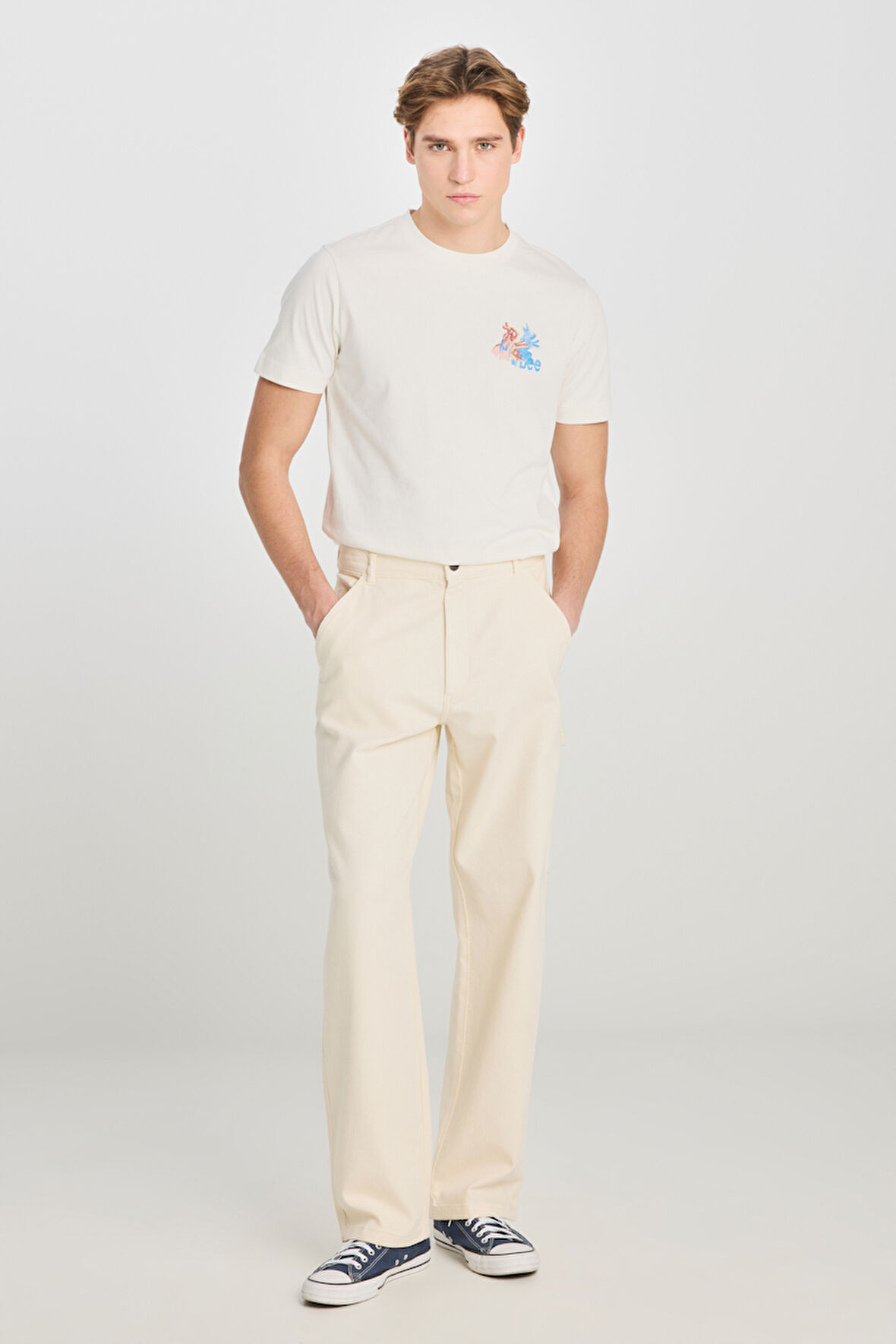 %100 Pamuk Carpenter Fit Geniş Kesim Ekru Denim Jean Pantolon