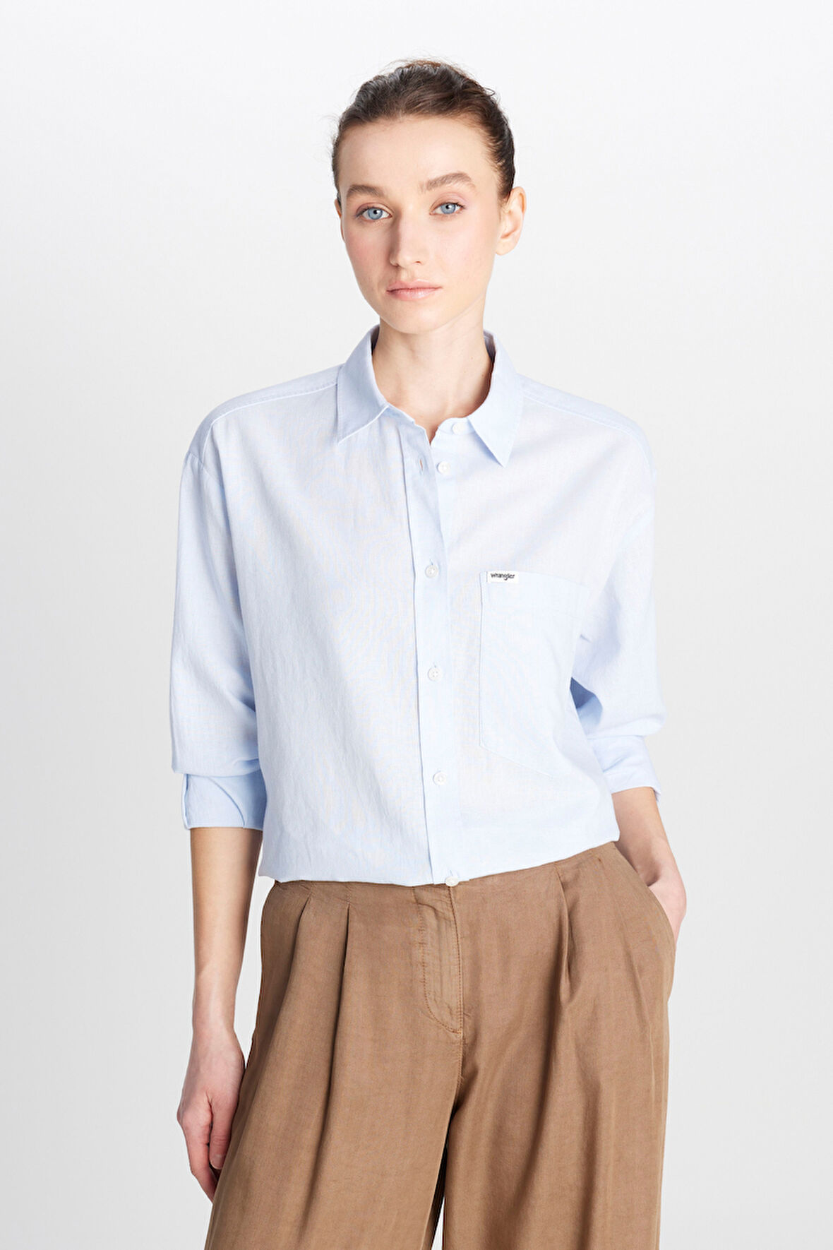 Relaxed Fit Geniş Kesim Uzun Kollu Keten Karışımlı Mavi Gömlek