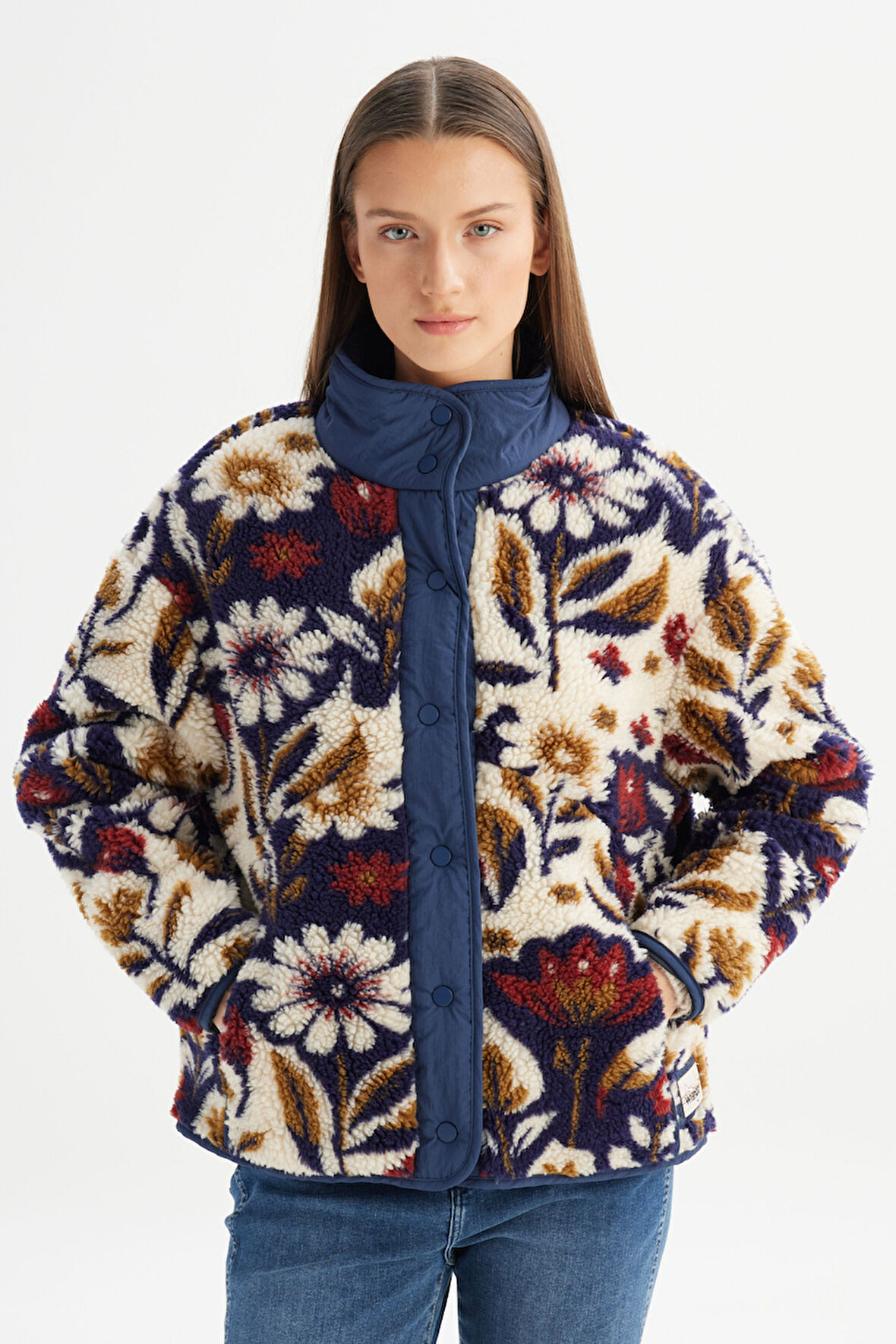 Relaxed Fit Geniş Kesim Desenli Çok Renkli Sherpa Ceket