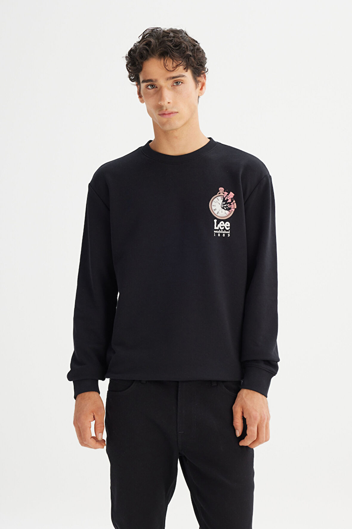 Regular Fit Normal Kesim Bisiklet Yaka Baskılı Siyah Sweatshirt