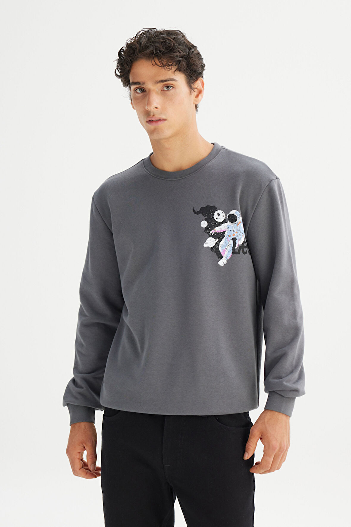 Regular Fit Normal Kesim Bisiklet Yaka Baskılı Antrasit Sweatshirt