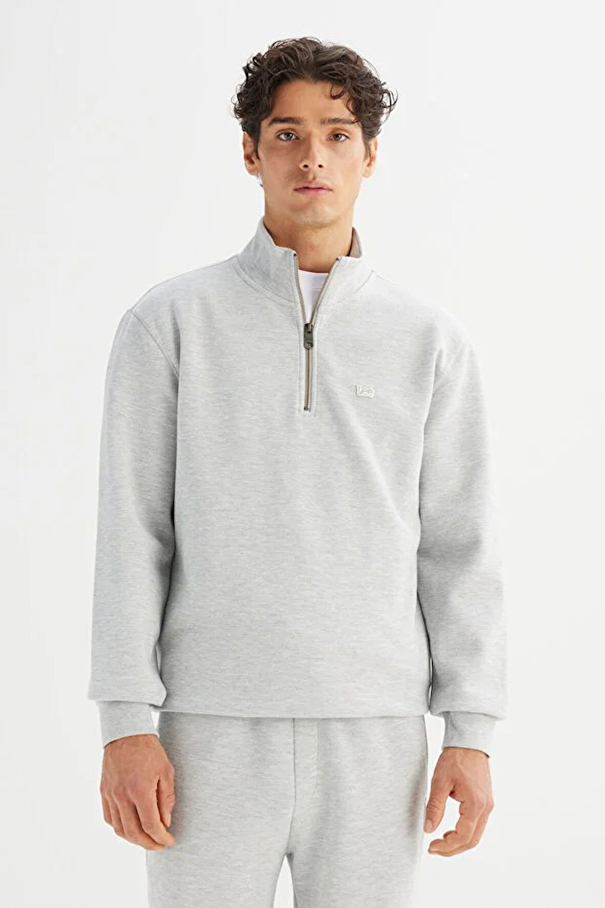 Lee Regular Fit Normal Kesim Kapüşonlu Fermuar Detaylı Gri Melanj Sweatshirt