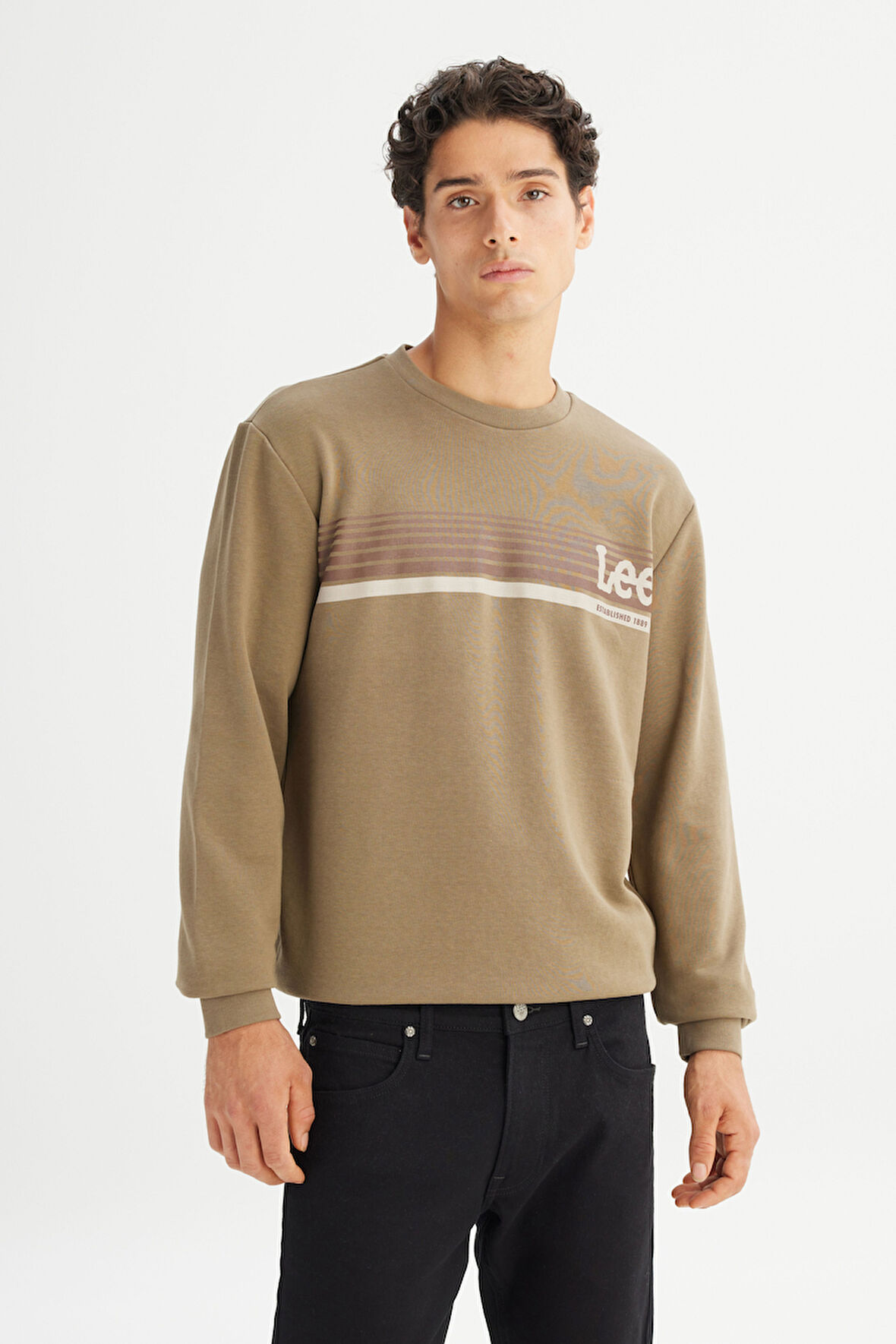 Regular Fit Normal Kesim Bisiklet Yaka Baskılı Haki Sweatshirt
