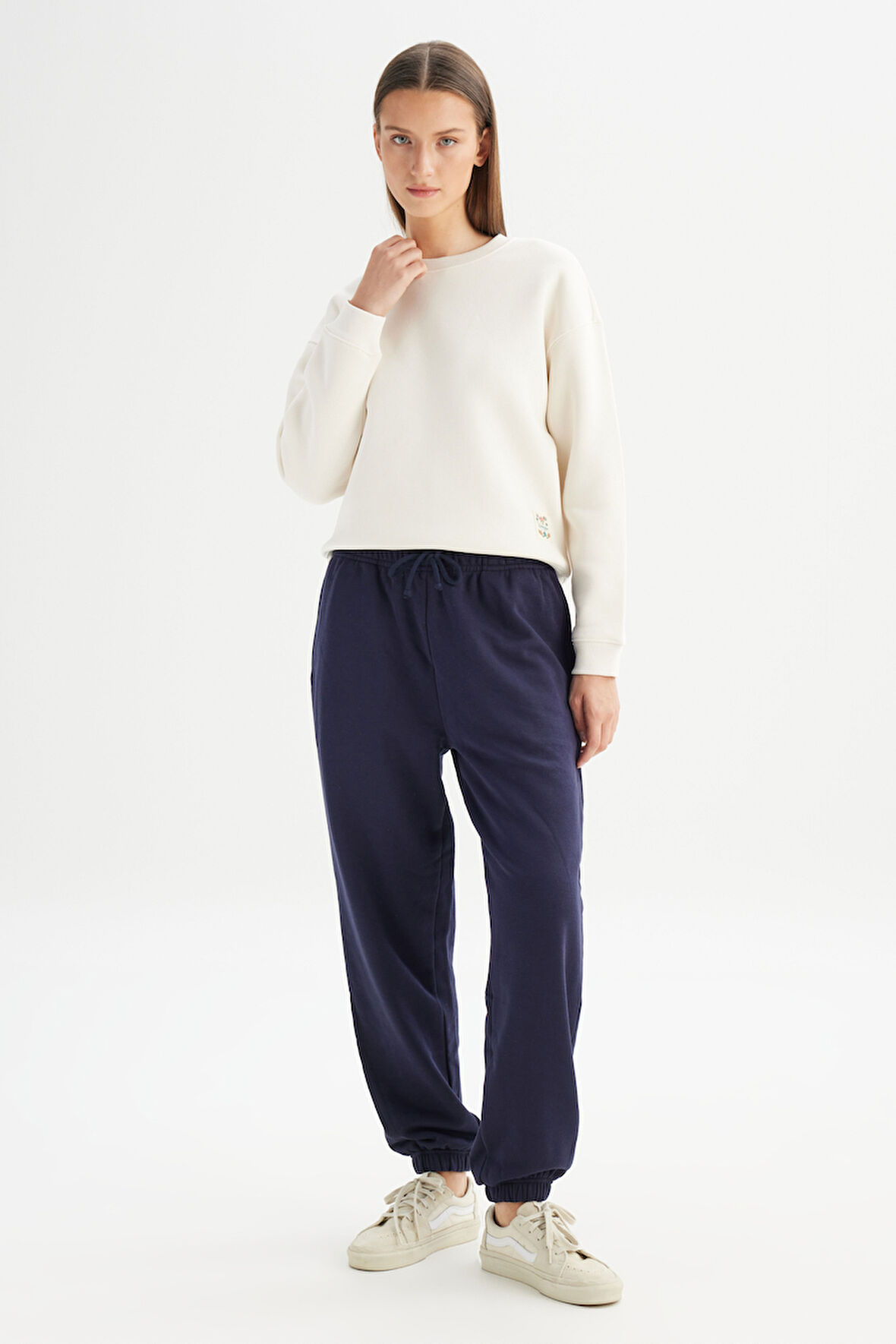 Loose Fit Geniş Kesim Lacivert Pamuklu Esnek Sweatpant