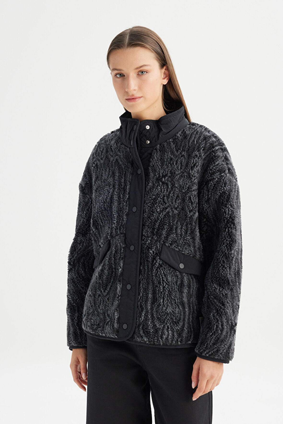 Regular Fit Normal Kesim Desenli Siyah Sherpa Ceket