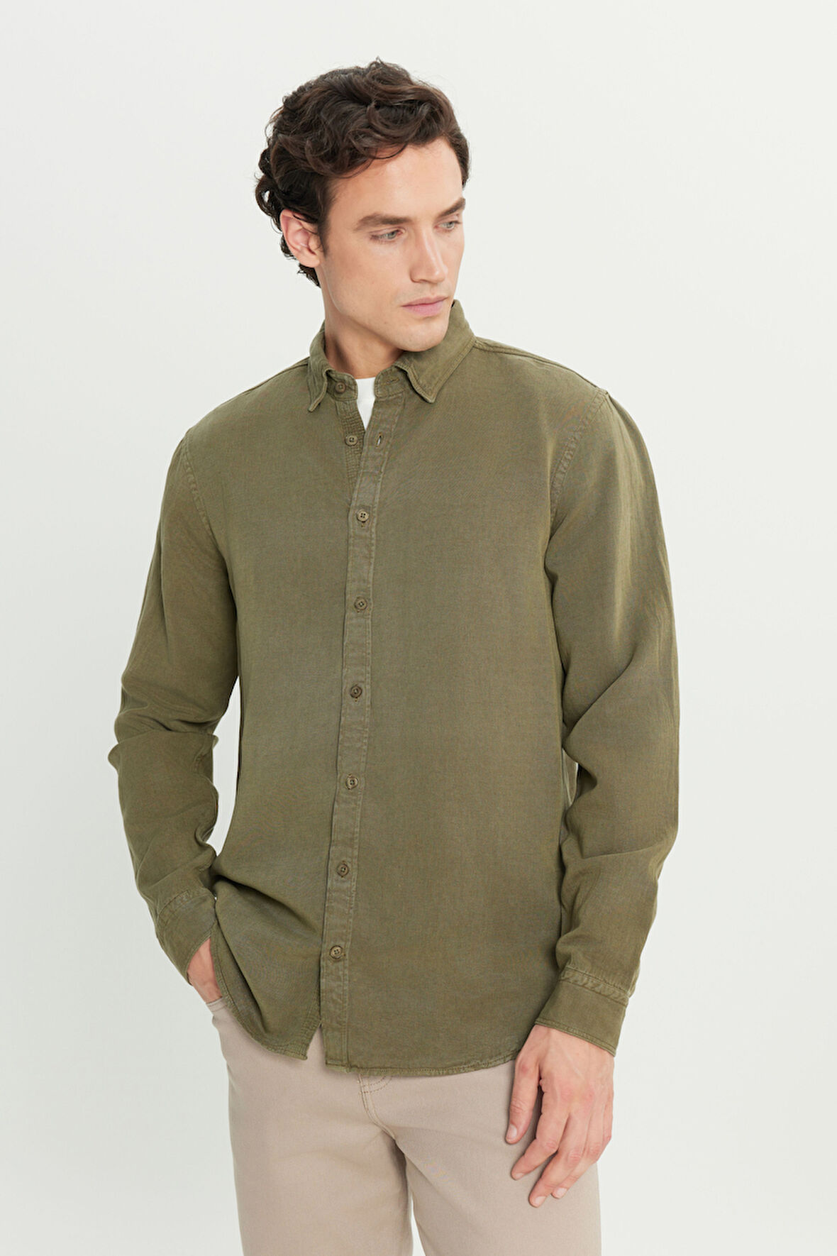 Regular Fit Normal Kesim Keten Pamuk Karışımlı Haki Gömlek