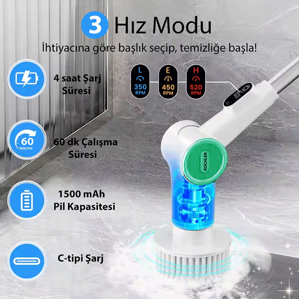 K500 Çok Amaçlı Şarjlı Elektrikli Temizlik Fırçası – Uzayabilir Gövde, Zengin Başlık Seti, IPX6 Su Geçirmezlik