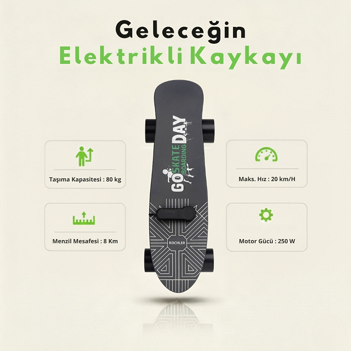 Elektrikli Kaykay H2S-1 – Şehir İçi Ulaşım Aracı, Scooter Alternatifi, 20 km/h, 8 km Menzil, Hafif 3.7 kg
