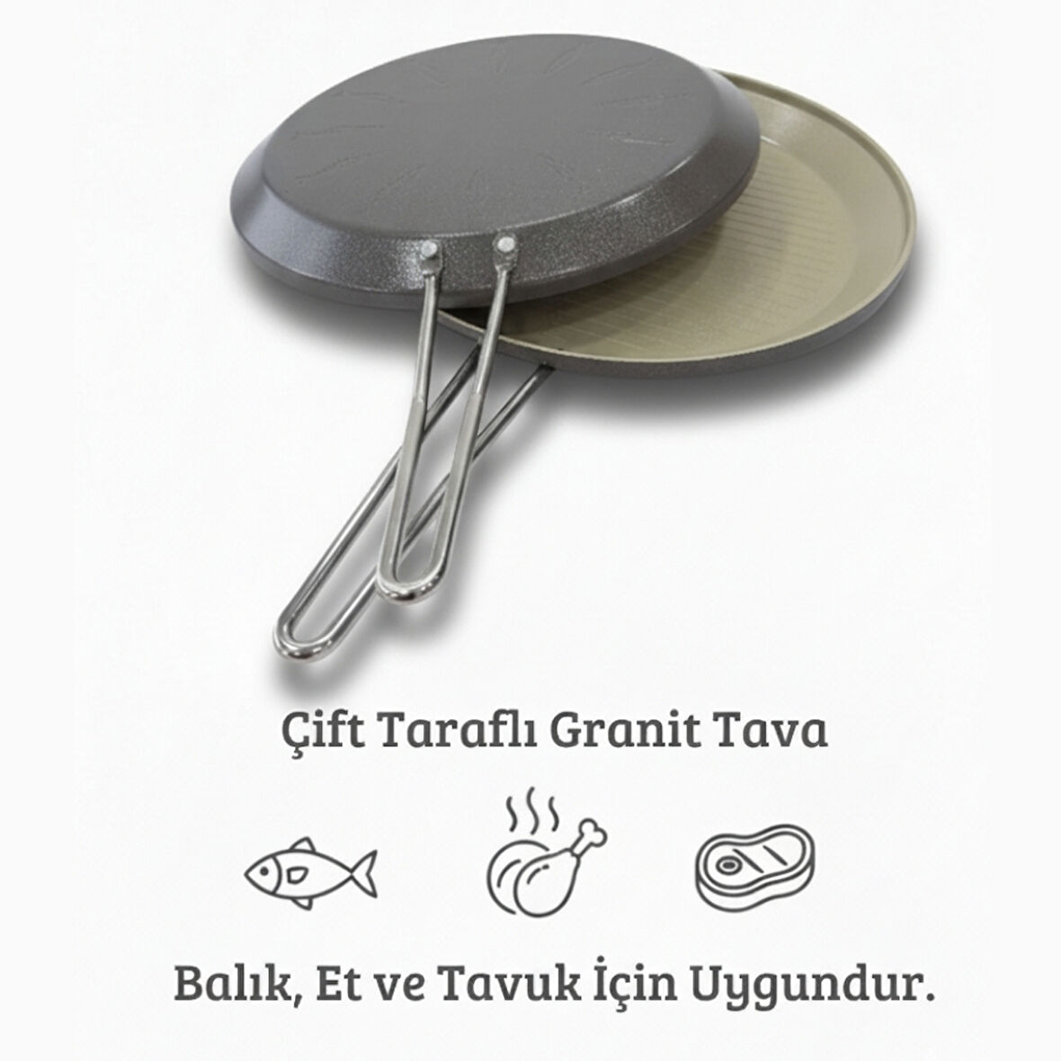 Granit Kaplama 33 cm Çift Taraflı Balık, Et ve Tavuk Pişirme Tavası