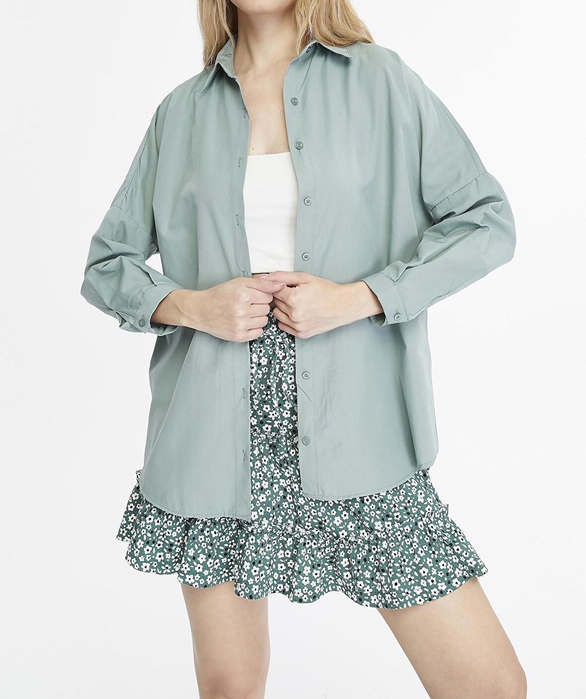 Kadın Oversize Uzun Basic Gömlek - ÇAĞLA YEŞİLİ