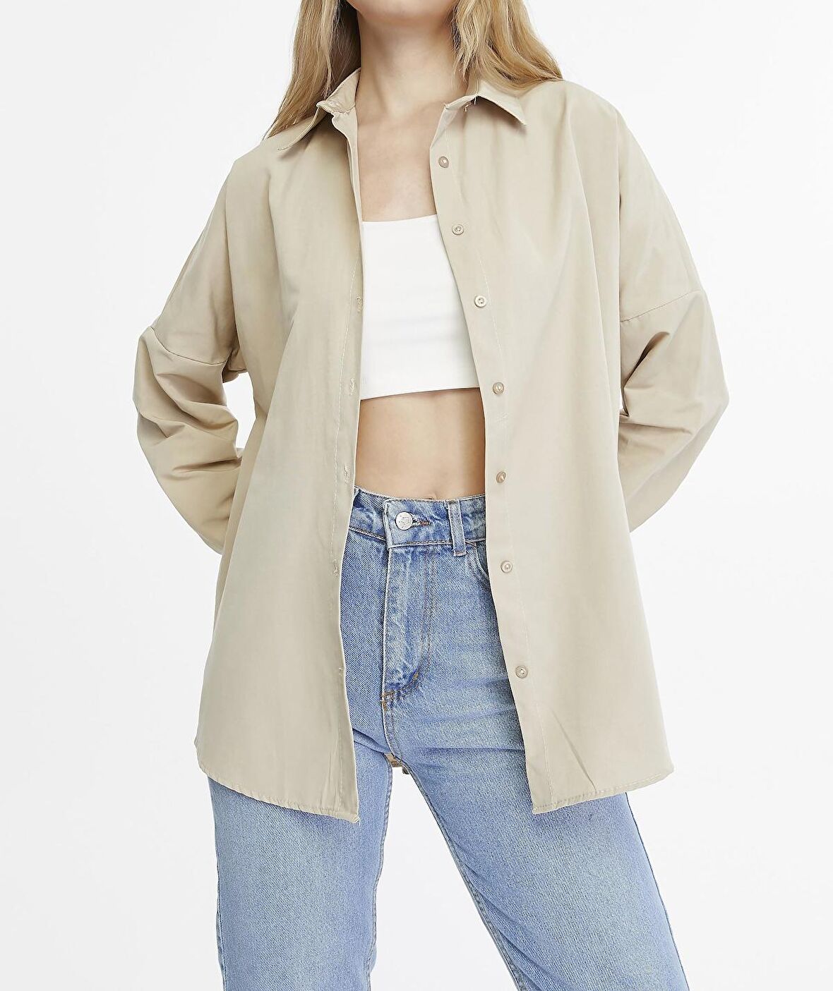 Kadın Oversize Uzun Basic Gömlek - KOYU KREM