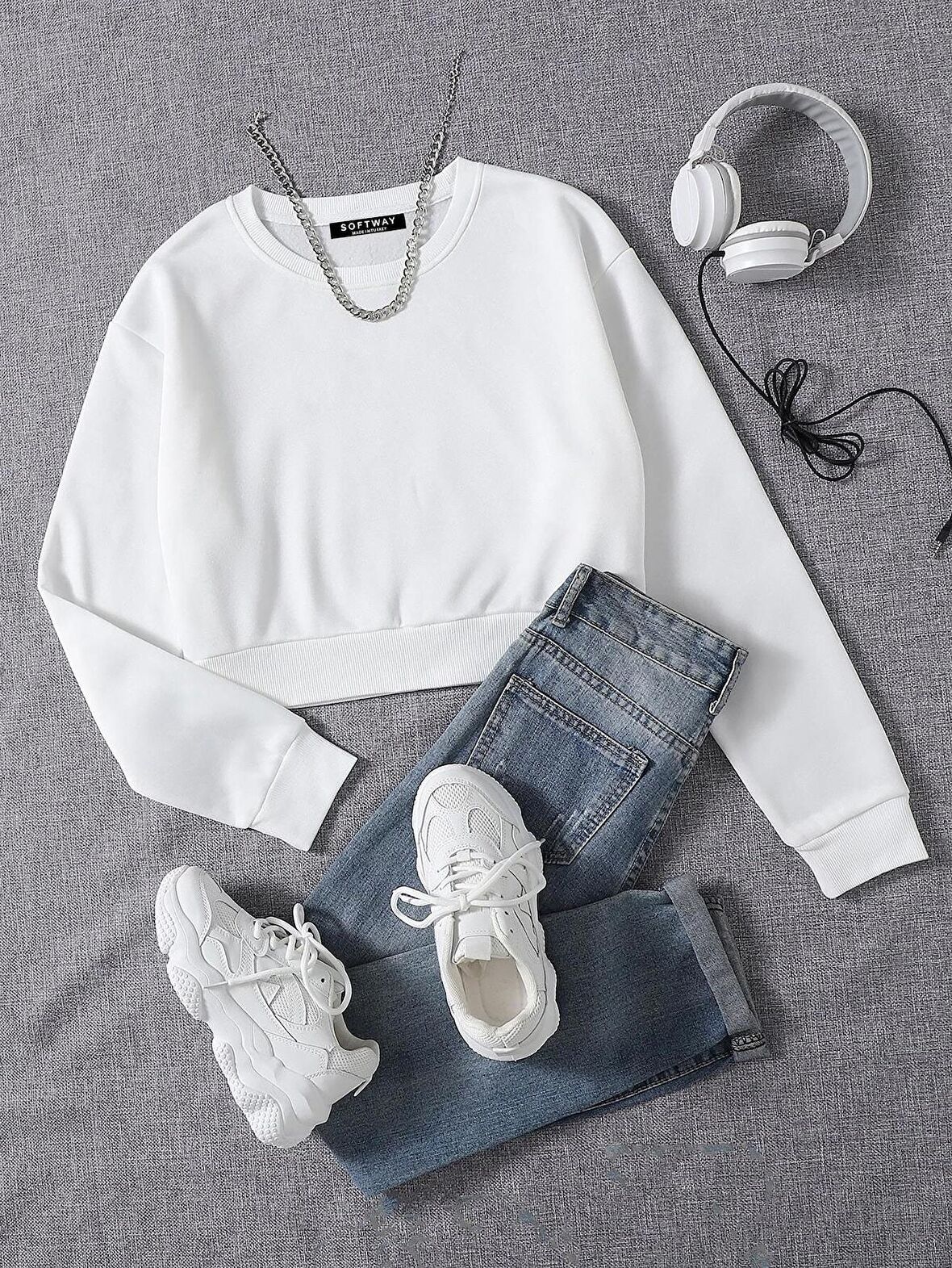 Kadın Basic Crop İçi Polarlı Oversize Sweatshirt - EKRU