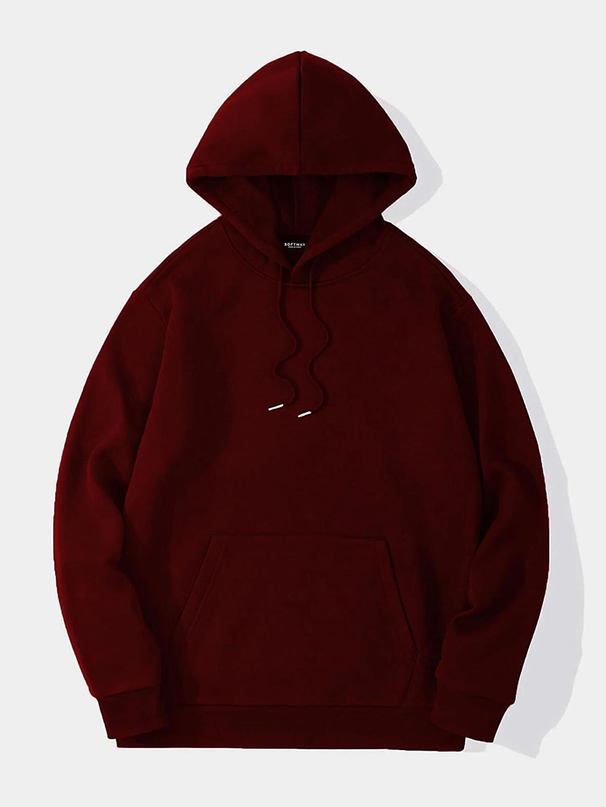 Unisex Basic Düz Renk Kapüşonlu İçi Yumuşak Polarlı Oversize Sweatshirt - BORDO