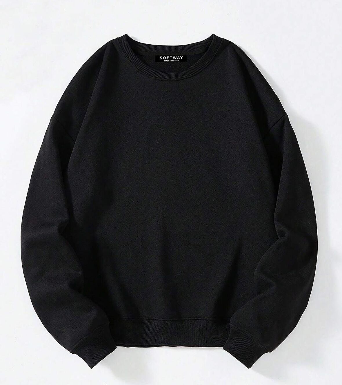 Unisex Oversize Bisiklet Yaka Basic Düz Sweatshirt - SİYAH