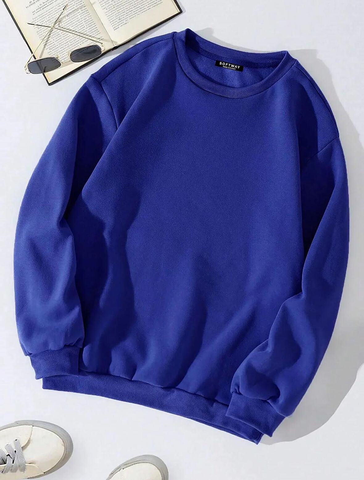 Unisex Oversize Bisiklet Yaka Basic Düz Sweatshirt - SAKS MAVİSİ