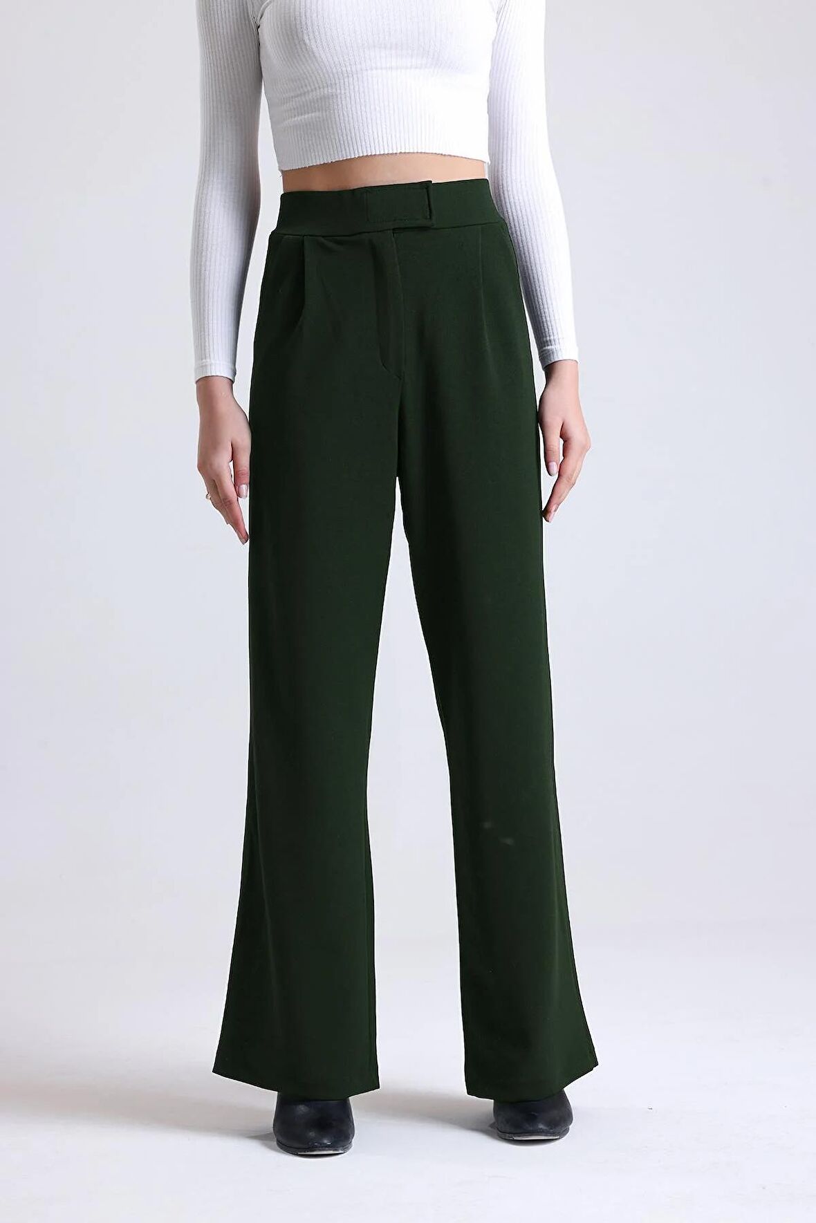 Kadın Wide Leg Likralı Cırt Kapamalı Lastikli Palazzo Pantolon - HAKİ