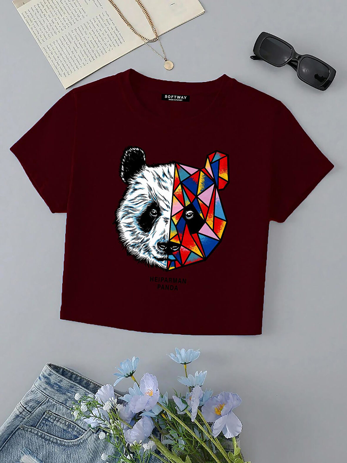 Kadın Kısa Kollu Basic Dar Kalıp Heiparman Panda Baskılı Crop T-shirt - BORDO