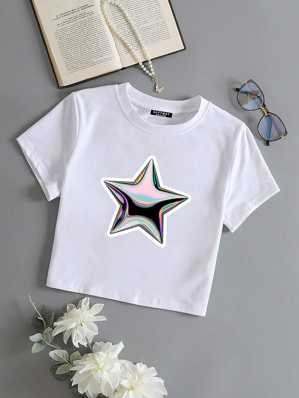 Kadın Kısa Kollu Basic Dar Kalıp Shining Metallic Star Baskılı Crop T-shirt - BEYAZ