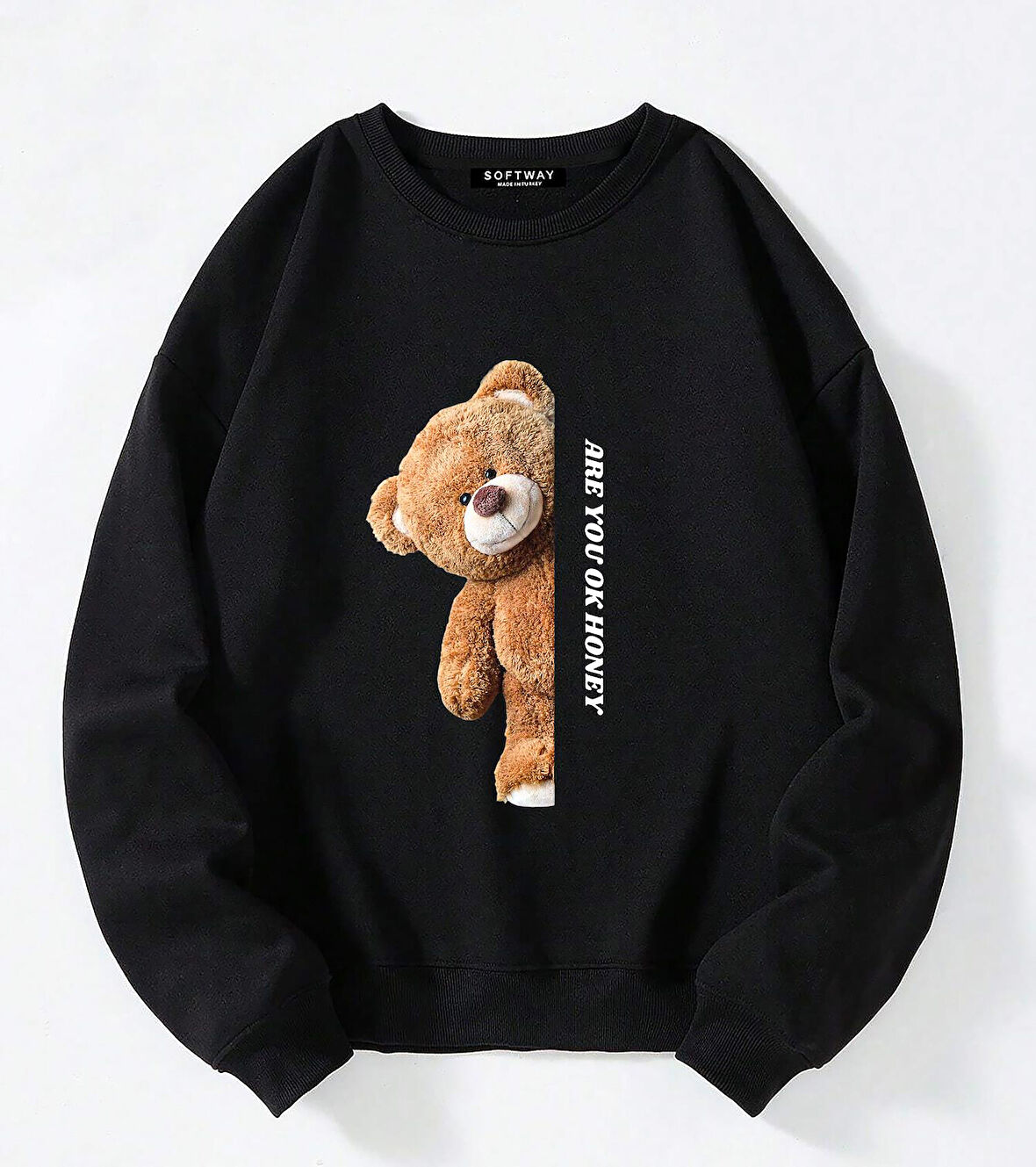 Unisex Oversize Bisiklet Yaka Basic Are You Ok Honey Baskılı Sweatshirt - SİYAH