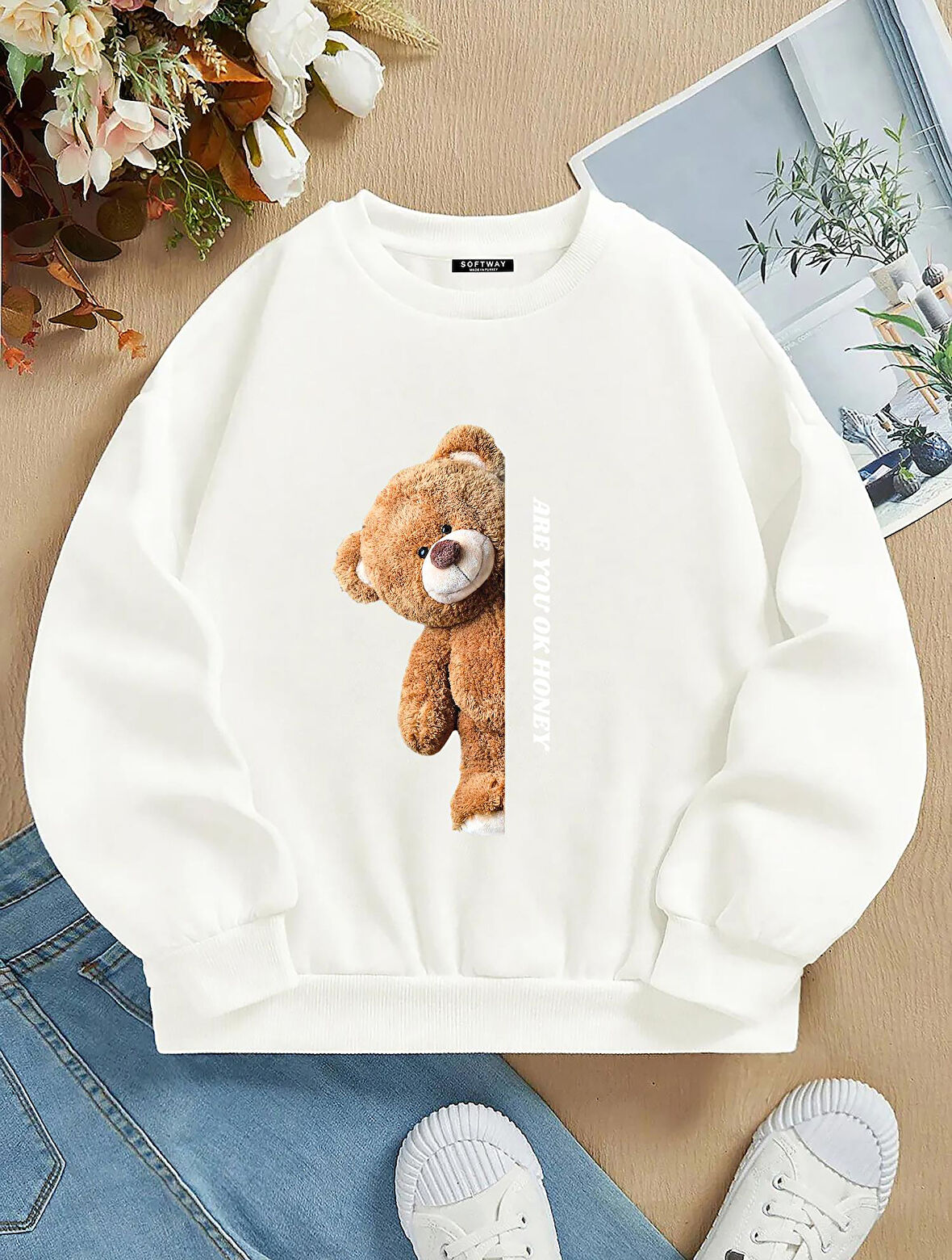 Unisex Oversize Bisiklet Yaka Basic Are You Ok Honey Baskılı Sweatshirt - EKRU