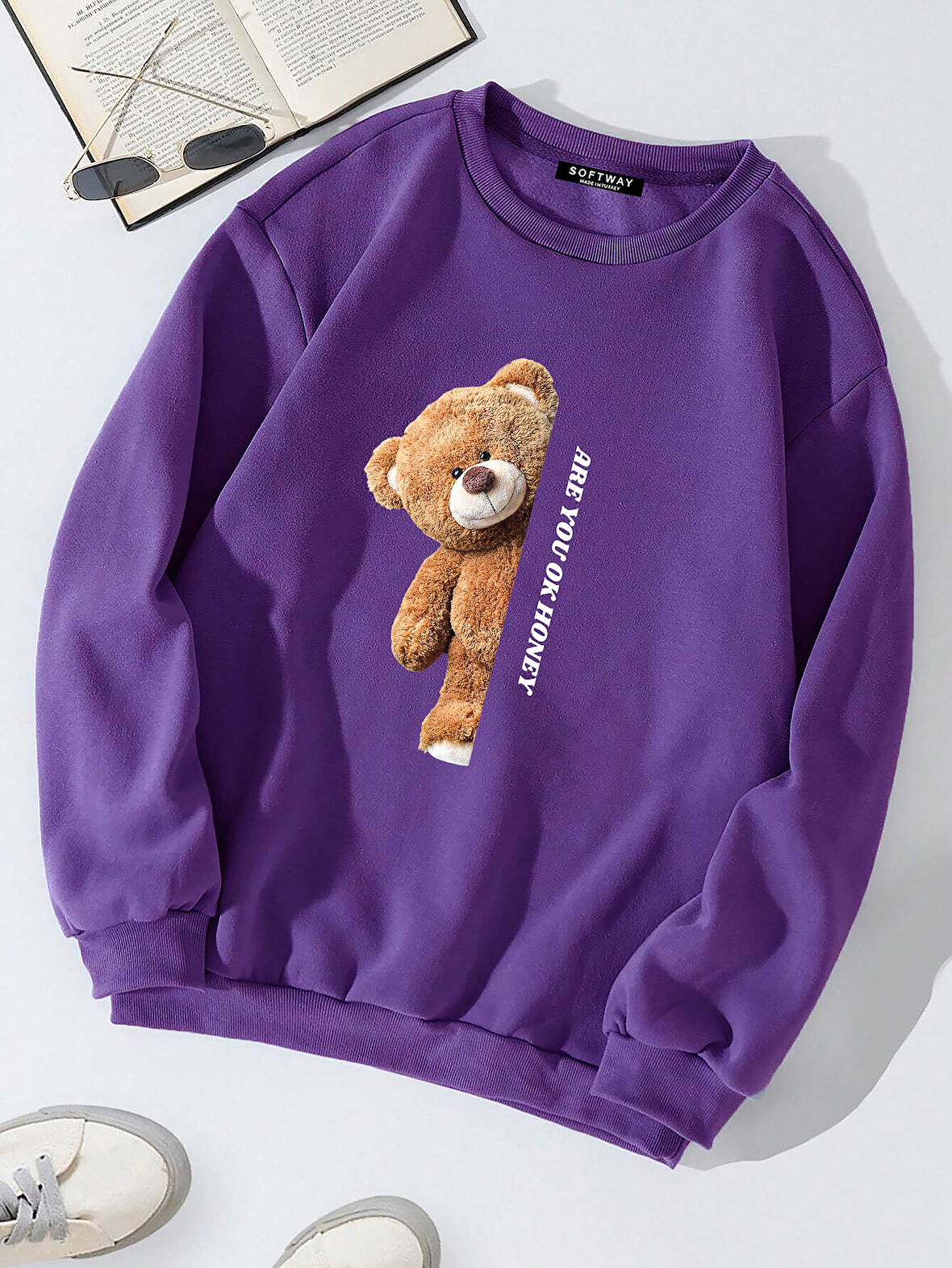 Unisex Oversize Bisiklet Yaka Basic Are You Ok Honey Baskılı Sweatshirt - MOR