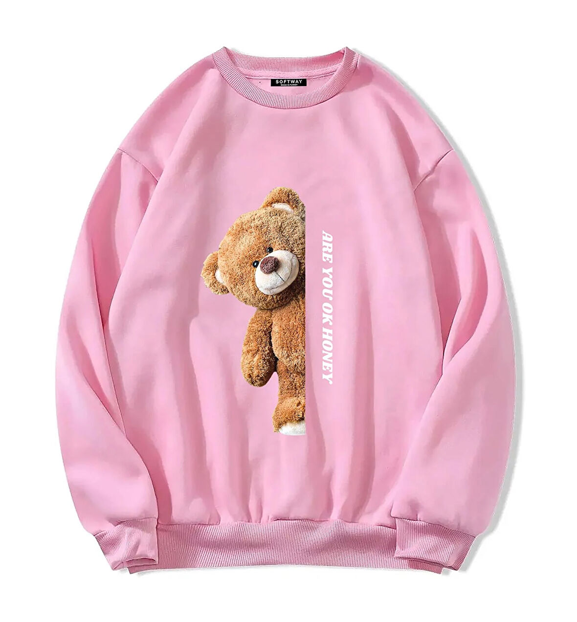 Unisex Oversize Bisiklet Yaka Basic Are You Ok Honey Baskılı Sweatshirt - PEMBE