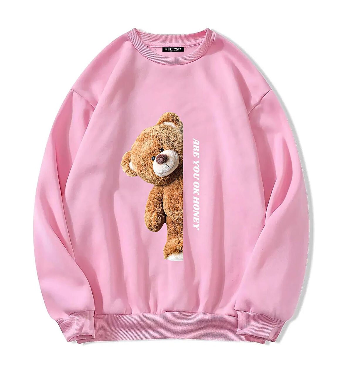 Unisex Oversize Bisiklet Yaka Basic Are You Ok Honey Baskılı Sweatshirt - PEMBE