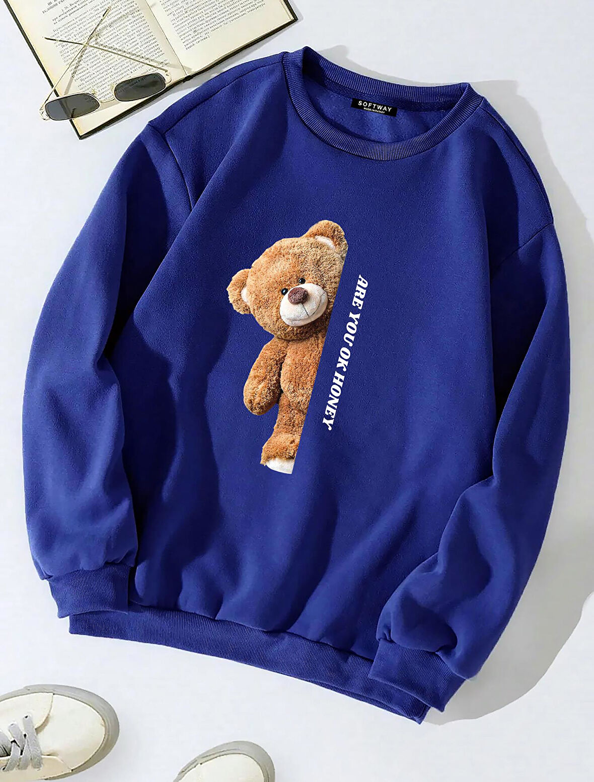 Unisex Oversize Bisiklet Yaka Basic Are You Ok Honey Baskılı Sweatshirt - SAKS MAVİSİ