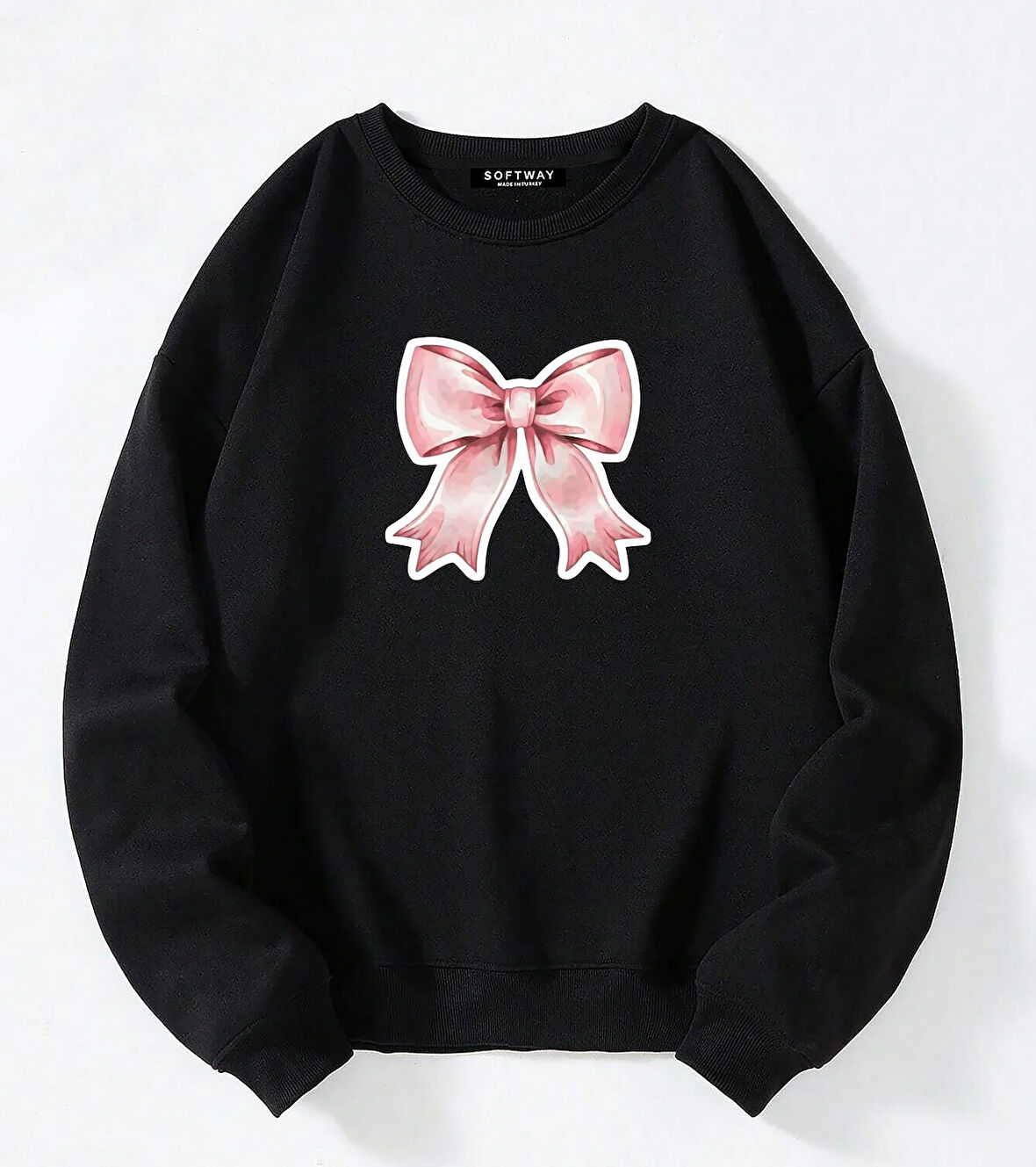 Unisex Oversize Bisiklet Yaka Basic Powder Pink Ribbom Baskılı Sweatshirt - SİYAH