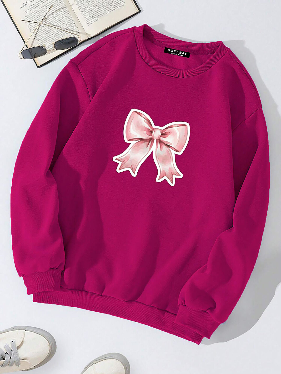 Unisex Oversize Bisiklet Yaka Basic Powder Pink Ribbom Baskılı Sweatshirt - FUŞYA
