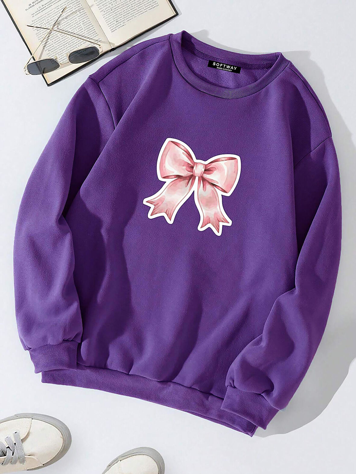 Unisex Oversize Bisiklet Yaka Basic Powder Pink Ribbom Baskılı Sweatshirt - MOR