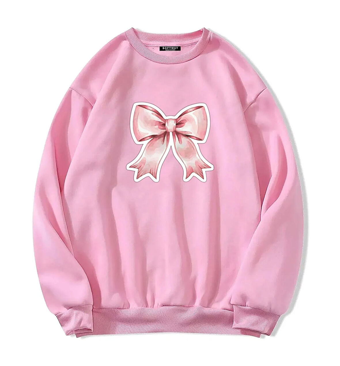 Unisex Oversize Bisiklet Yaka Basic Powder Pink Ribbom Baskılı Sweatshirt - PEMBE