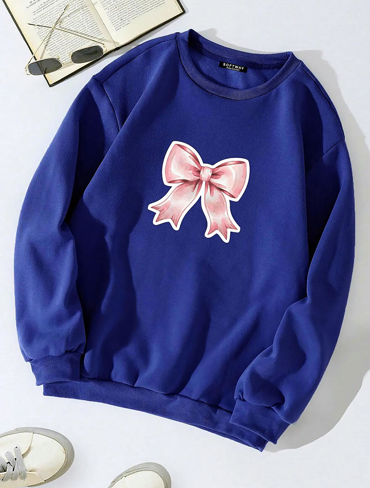 Unisex Oversize Bisiklet Yaka Basic Powder Pink Ribbom Baskılı Sweatshirt - SAKS MAVİSİ