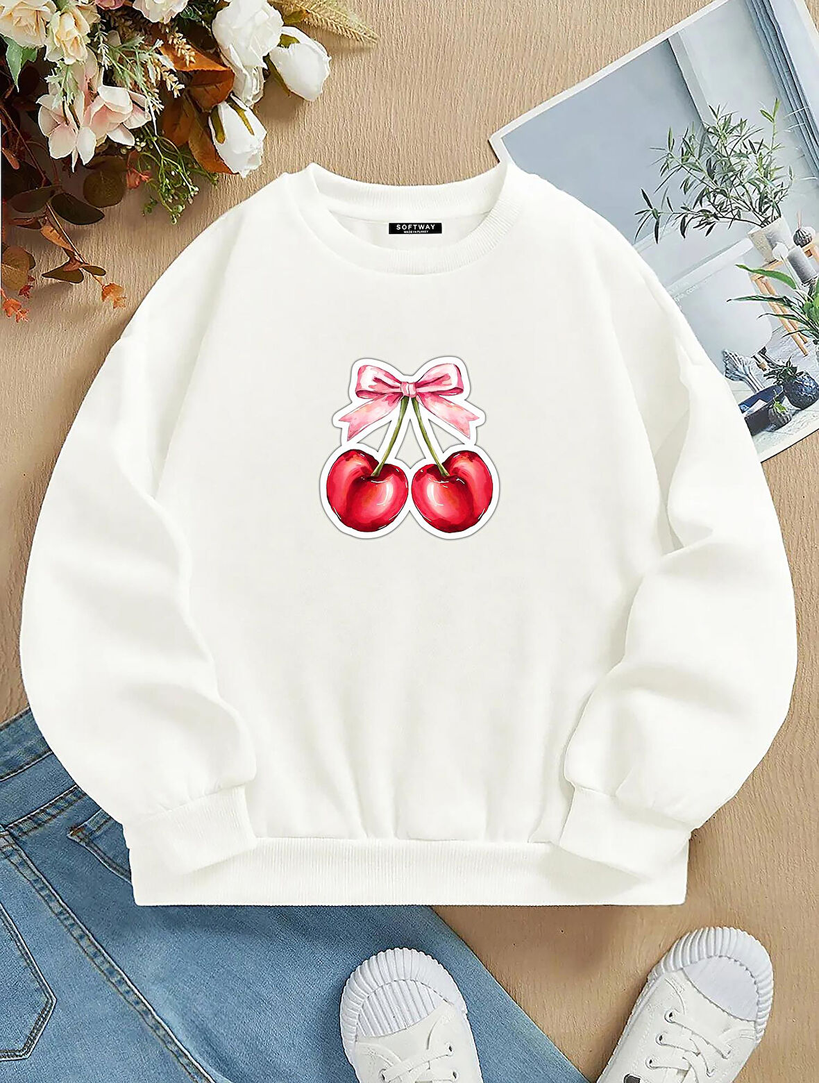 Unisex Oversize Bisiklet Yaka Basic Ribbom Cherry Baskılı Sweatshirt - EKRU