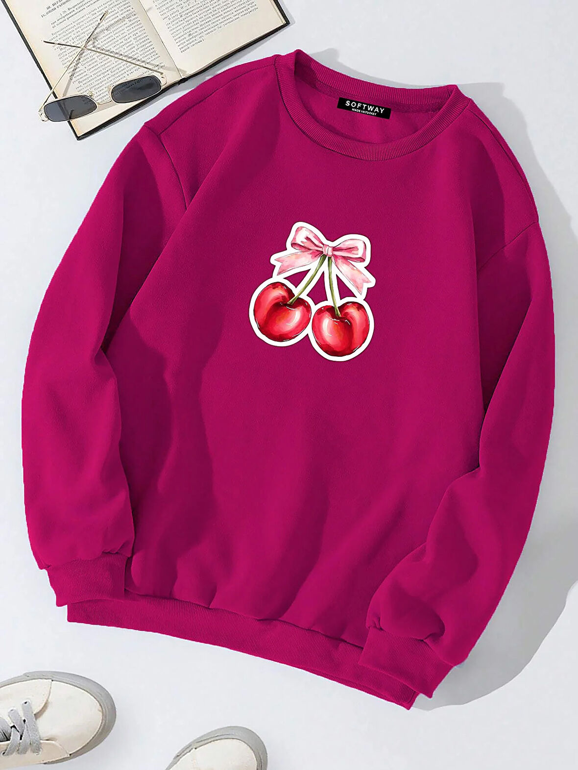 Unisex Oversize Bisiklet Yaka Basic Ribbom Cherry Baskılı Sweatshirt - FUŞYA